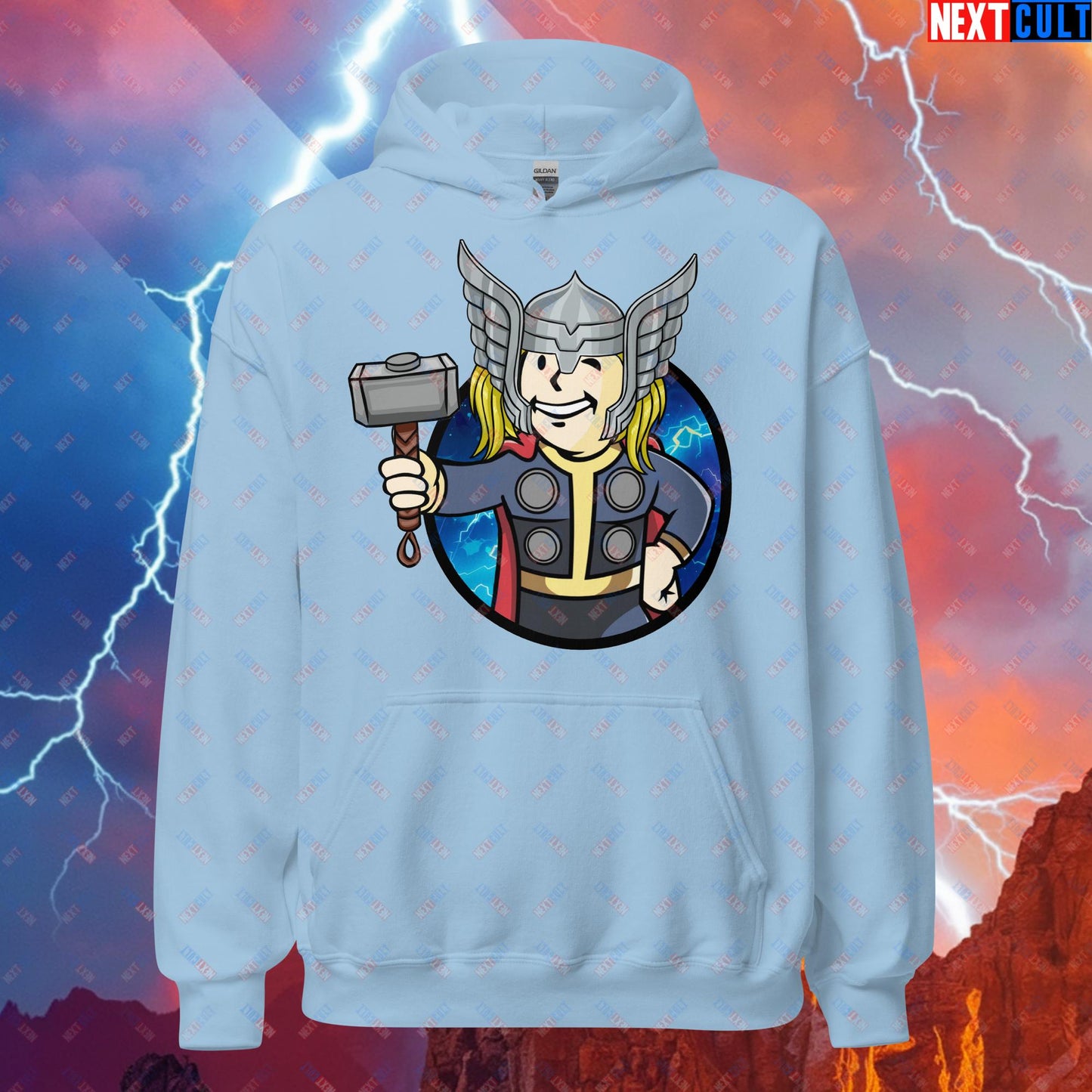 Norse Boy Thor Vault Boy Fallout Funny Meme Cartoon Mashup Unisex Hoodie Light Blue Hoodies Avengers Chris Hemsworth Fallout Movies Superheroes Thor Vault Boy Next Cult Brand
