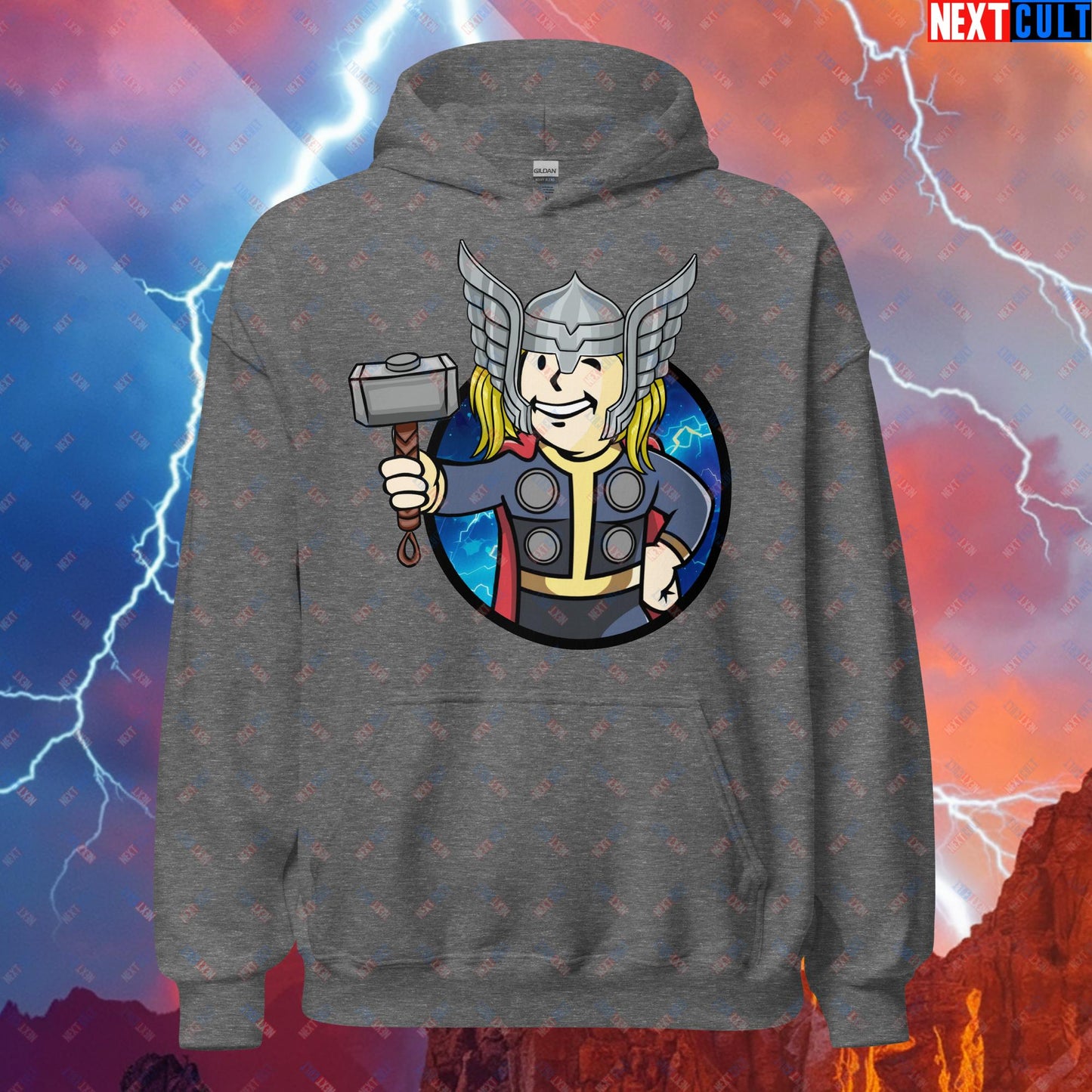 Norse Boy Thor Vault Boy Fallout Funny Meme Cartoon Mashup Unisex Hoodie Graphite Heather Hoodies Avengers Chris Hemsworth Fallout Movies Superheroes Thor Vault Boy Next Cult Brand