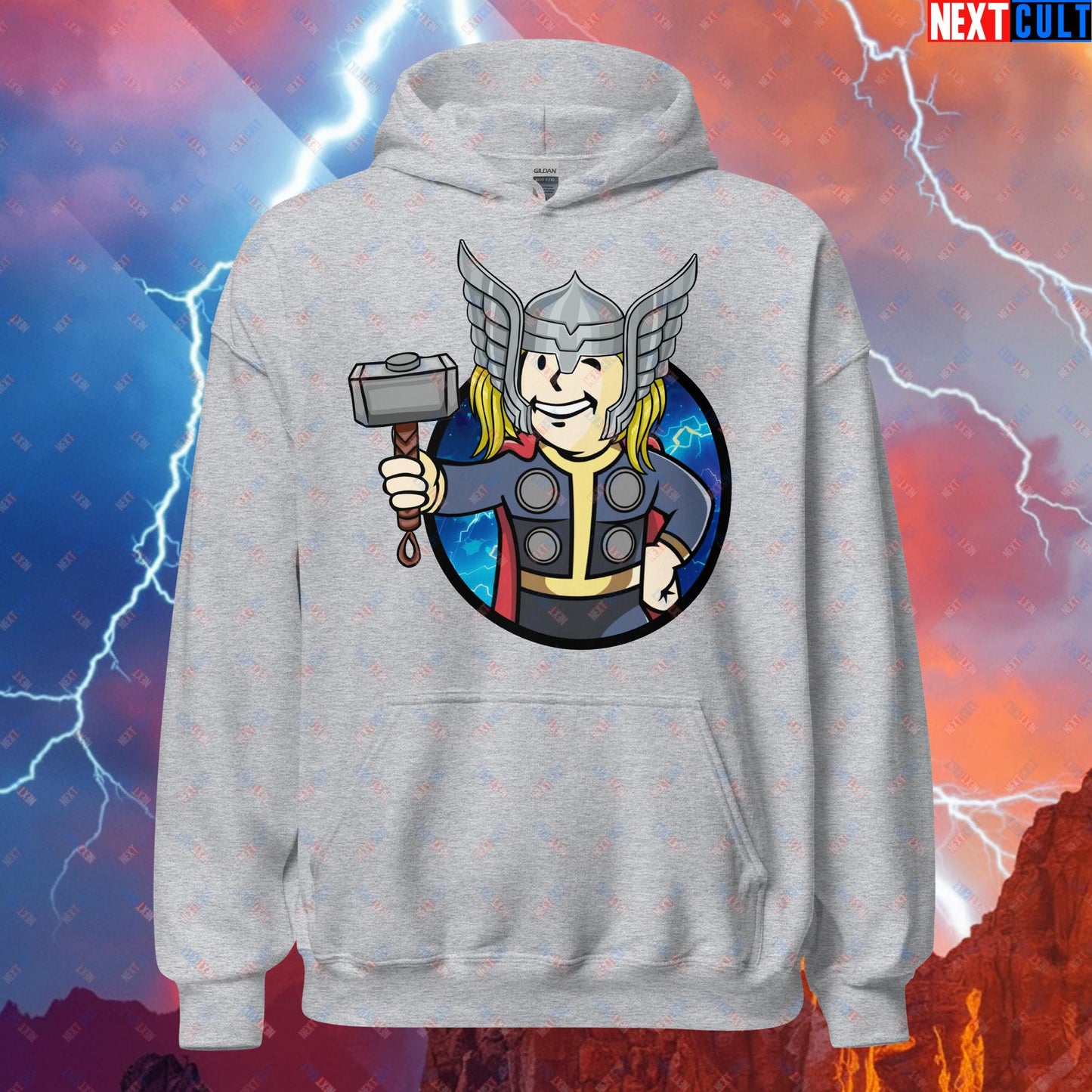 Norse Boy Thor Vault Boy Fallout Funny Meme Cartoon Mashup Unisex Hoodie Sport Grey Hoodies Avengers Chris Hemsworth Fallout Movies Superheroes Thor Vault Boy Next Cult Brand