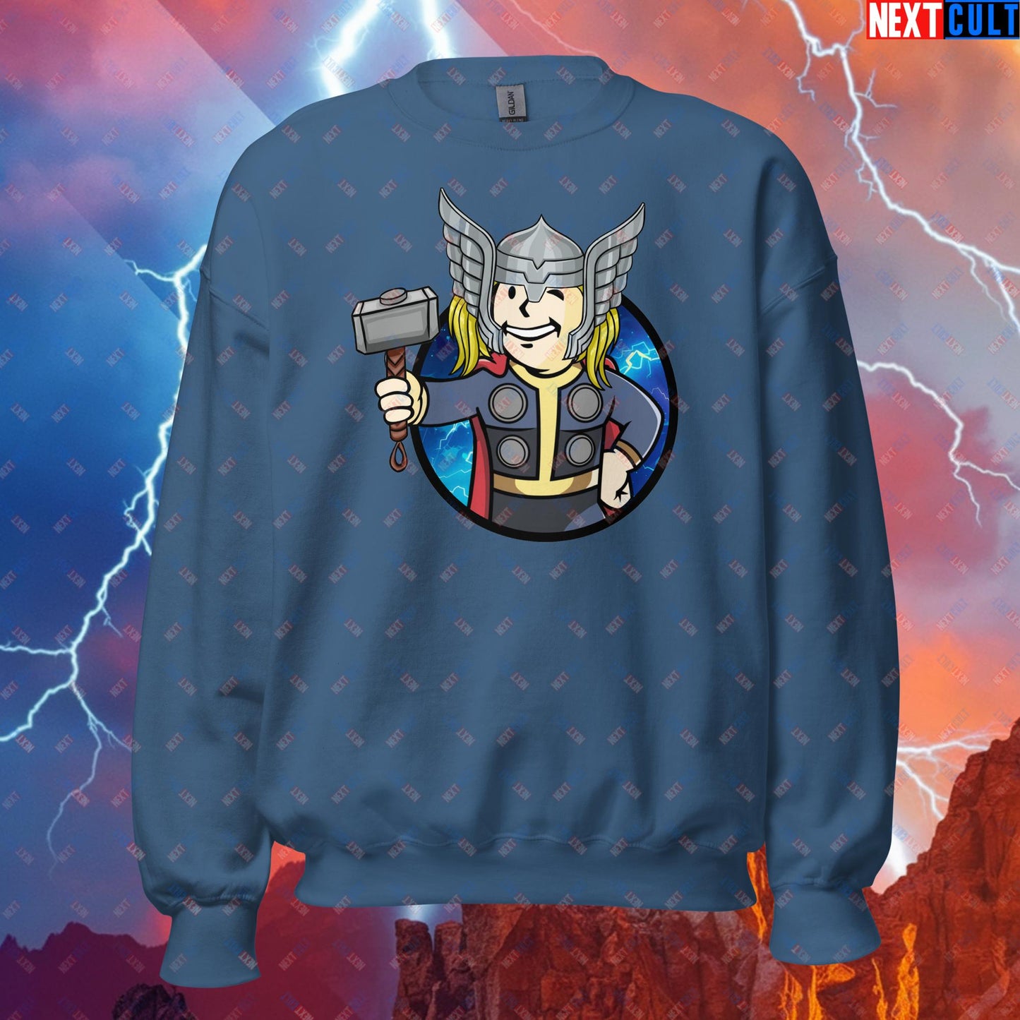 Norse Boy Thor Vault Boy Fallout Funny Meme Cartoon Mashup Unisex Sweatshirt Indigo Blue Sweatshirts Avengers Chris Hemsworth Fallout Movies Superheroes Thor Vault Boy Next Cult Brand