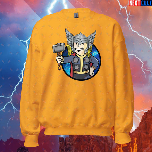 Norse Boy Thor Vault Boy Fallout Funny Meme Cartoon Mashup Unisex Sweatshirt Gold Sweatshirts Avengers Chris Hemsworth Fallout Movies Superheroes Thor Vault Boy Next Cult Brand