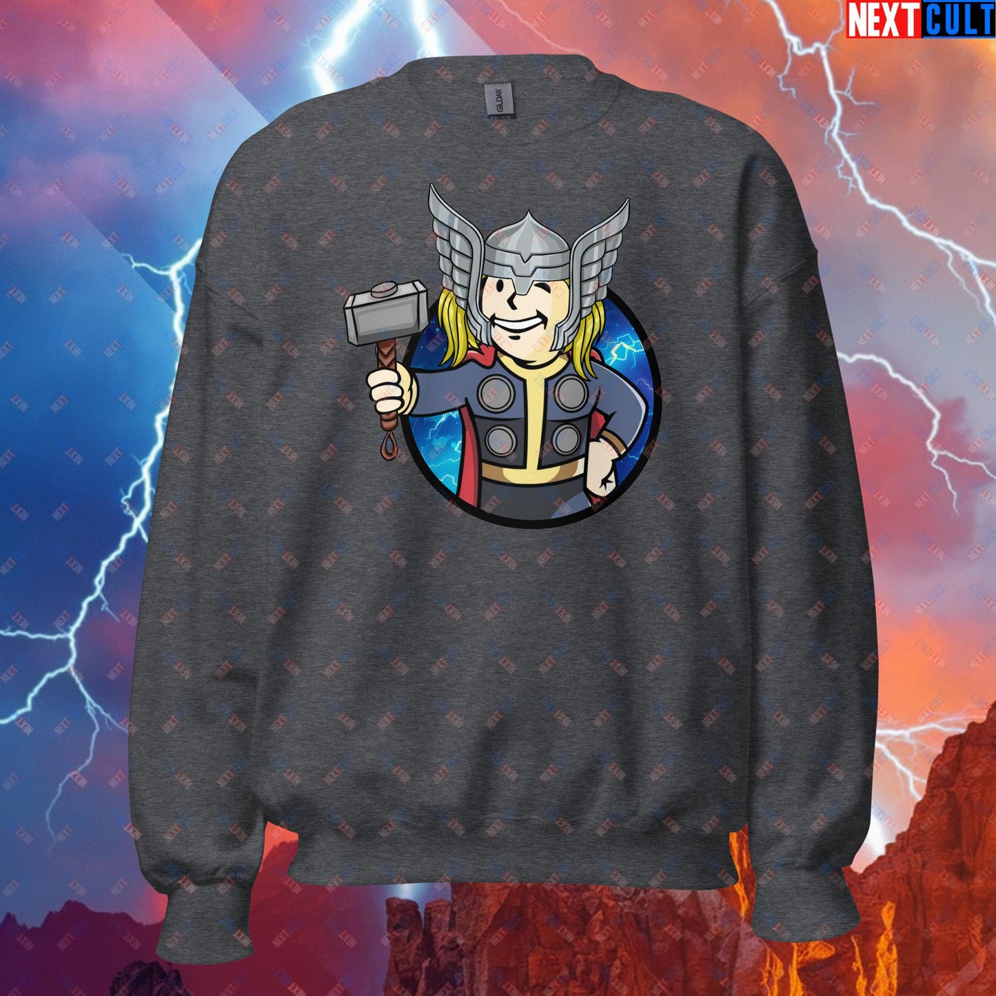 Norse Boy Thor Vault Boy Fallout Funny Meme Cartoon Mashup Unisex Sweatshirt Dark Heather Sweatshirts Avengers Chris Hemsworth Fallout Movies Superheroes Thor Vault Boy Next Cult Brand