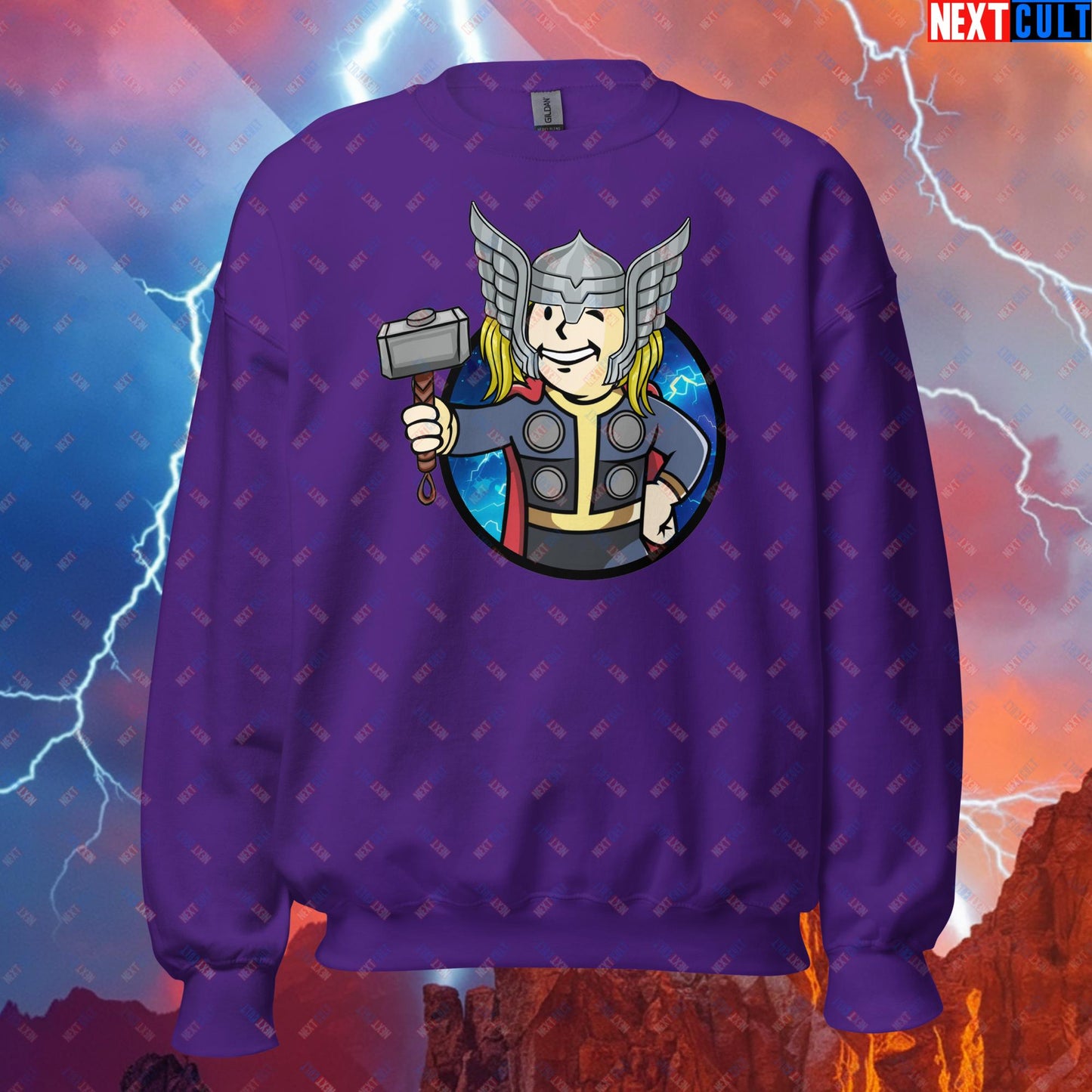 Norse Boy Thor Vault Boy Fallout Funny Meme Cartoon Mashup Unisex Sweatshirt Purple Sweatshirts Avengers Chris Hemsworth Fallout Movies Superheroes Thor Vault Boy Next Cult Brand