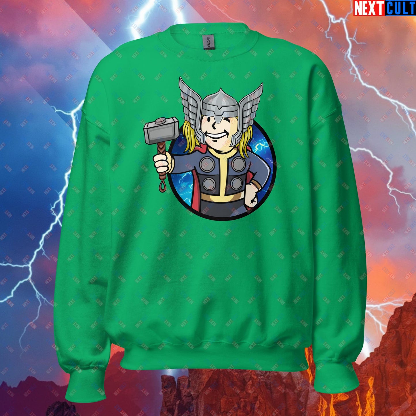 Norse Boy Thor Vault Boy Fallout Funny Meme Cartoon Mashup Unisex Sweatshirt Irish Green Sweatshirts Avengers Chris Hemsworth Fallout Movies Superheroes Thor Vault Boy Next Cult Brand