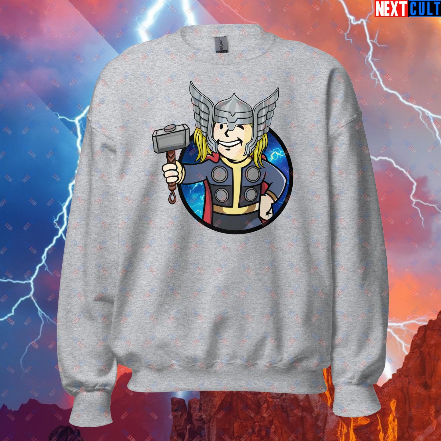 Norse Boy Thor Vault Boy Fallout Funny Meme Cartoon Mashup Unisex Sweatshirt Sport Grey Sweatshirts Avengers Chris Hemsworth Fallout Movies Superheroes Thor Vault Boy Next Cult Brand