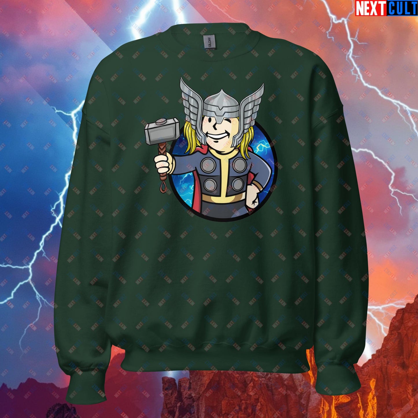 Norse Boy Thor Vault Boy Fallout Funny Meme Cartoon Mashup Unisex Sweatshirt Forest Green Sweatshirts Avengers Chris Hemsworth Fallout Movies Superheroes Thor Vault Boy Next Cult Brand