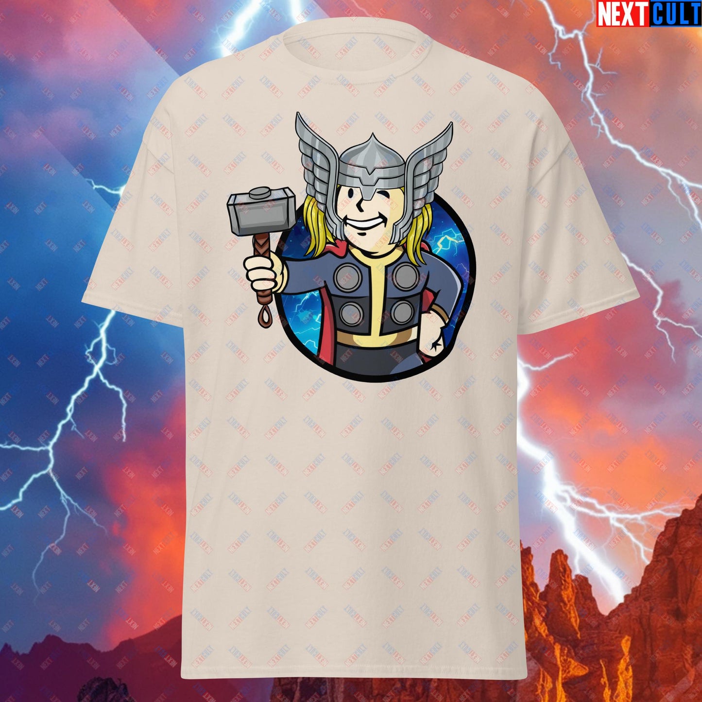 Norse Boy Thor Vault Boy Fallout Funny Meme Cartoon Mashup Unisex tee Natural T-shirts Avengers Chris Hemsworth Fallout Movies Superheroes Thor Vault Boy Next Cult Brand