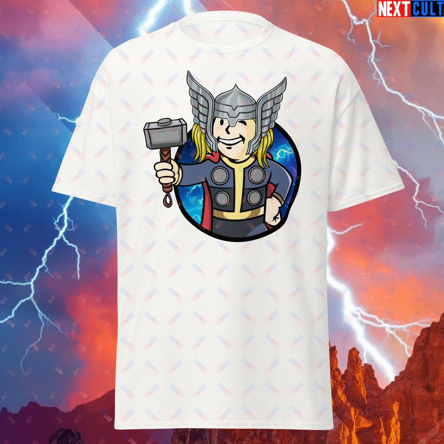 Norse Boy Thor Vault Boy Fallout Funny Meme Cartoon Mashup Unisex tee White T-shirts Avengers Chris Hemsworth Fallout Movies Superheroes Thor Vault Boy Next Cult Brand