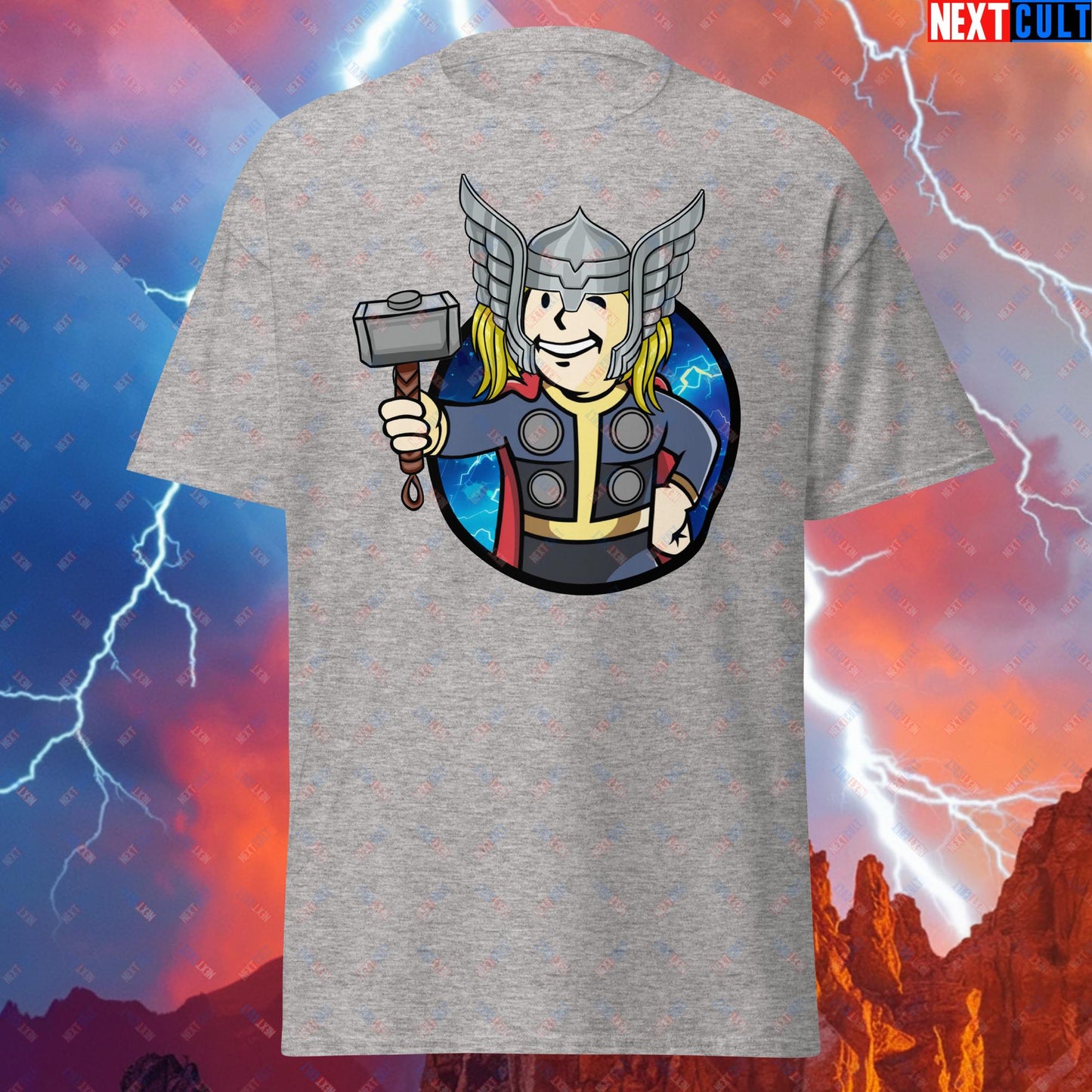 Norse Boy Thor Vault Boy Fallout Funny Meme Cartoon Mashup Unisex tee Sport Grey T-shirts Avengers Chris Hemsworth Fallout Movies Superheroes Thor Vault Boy Next Cult Brand