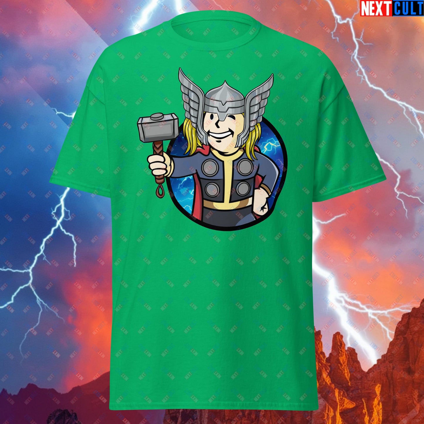 Norse Boy Thor Vault Boy Fallout Funny Meme Cartoon Mashup Unisex tee Irish Green T-shirts Avengers Chris Hemsworth Fallout Movies Superheroes Thor Vault Boy Next Cult Brand