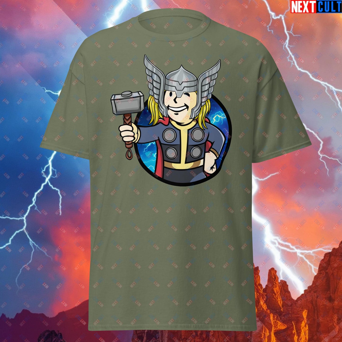 Norse Boy Thor Vault Boy Fallout Funny Meme Cartoon Mashup Unisex tee Military Green T-shirts Avengers Chris Hemsworth Fallout Movies Superheroes Thor Vault Boy Next Cult Brand