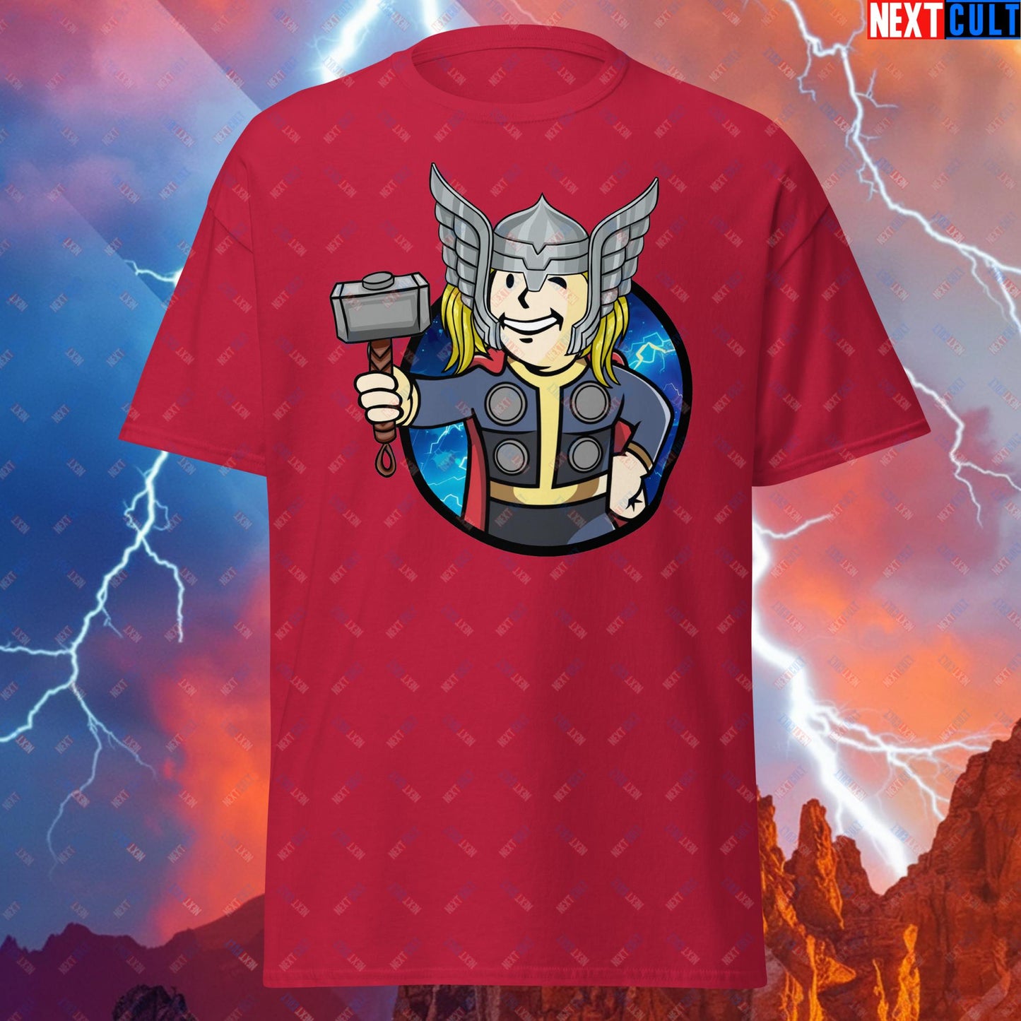 Norse Boy Thor Vault Boy Fallout Funny Meme Cartoon Mashup Unisex tee Cardinal T-shirts Avengers Chris Hemsworth Fallout Movies Superheroes Thor Vault Boy Next Cult Brand