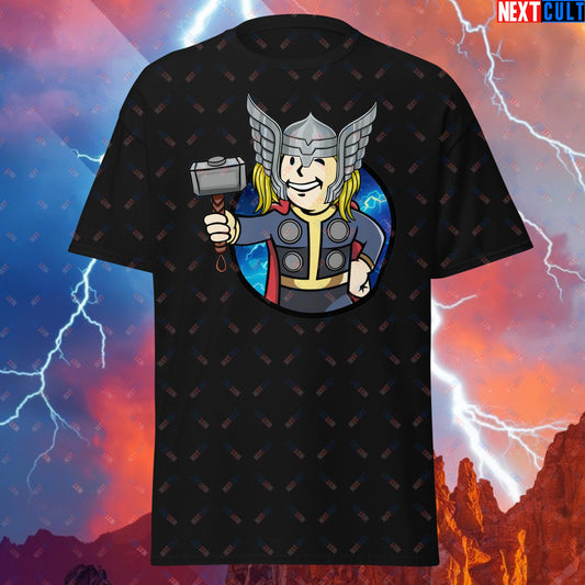 Norse Boy Thor Vault Boy Fallout Funny Meme Cartoon Mashup Unisex tee Black T-shirts Avengers Chris Hemsworth Fallout Movies Superheroes Thor Vault Boy Next Cult Brand