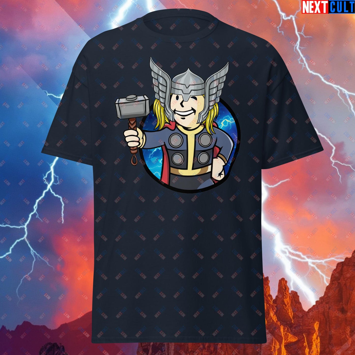 Norse Boy Thor Vault Boy Fallout Funny Meme Cartoon Mashup Unisex tee Navy T-shirts Avengers Chris Hemsworth Fallout Movies Superheroes Thor Vault Boy Next Cult Brand