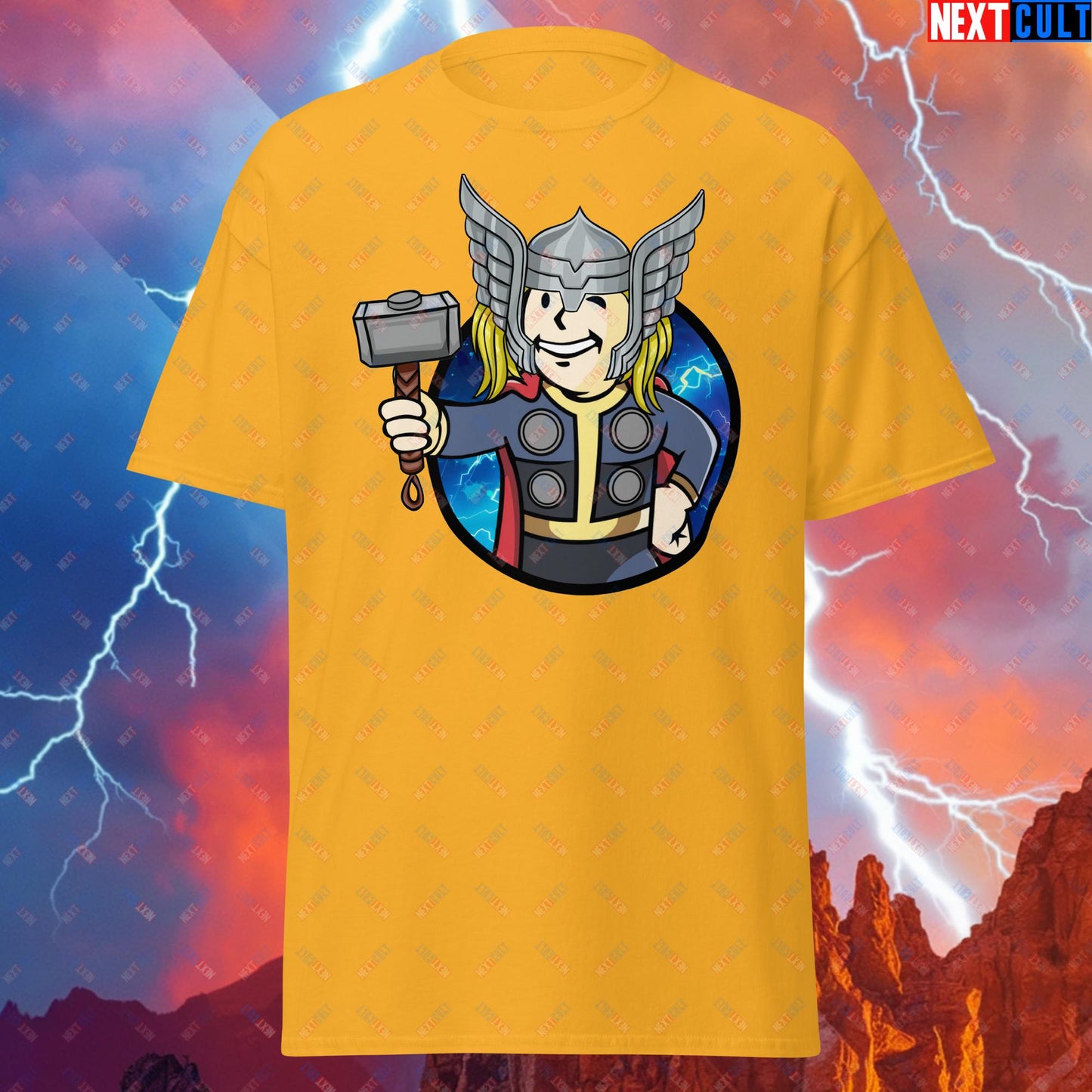 Norse Boy Thor Vault Boy Fallout Funny Meme Cartoon Mashup Unisex tee Gold T-shirts Avengers Chris Hemsworth Fallout Movies Superheroes Thor Vault Boy Next Cult Brand