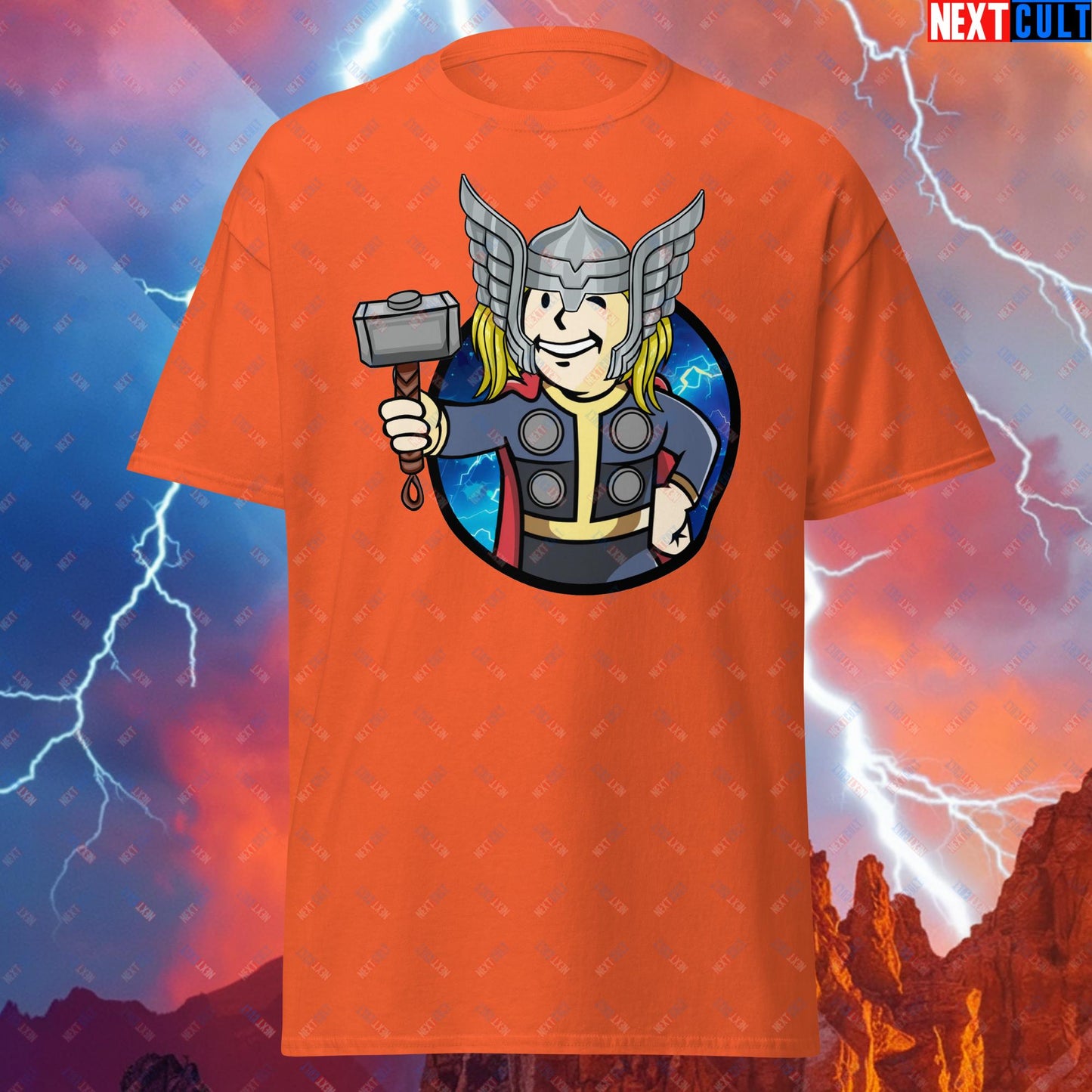 Norse Boy Thor Vault Boy Fallout Funny Meme Cartoon Mashup Unisex tee Orange T-shirts Avengers Chris Hemsworth Fallout Movies Superheroes Thor Vault Boy Next Cult Brand