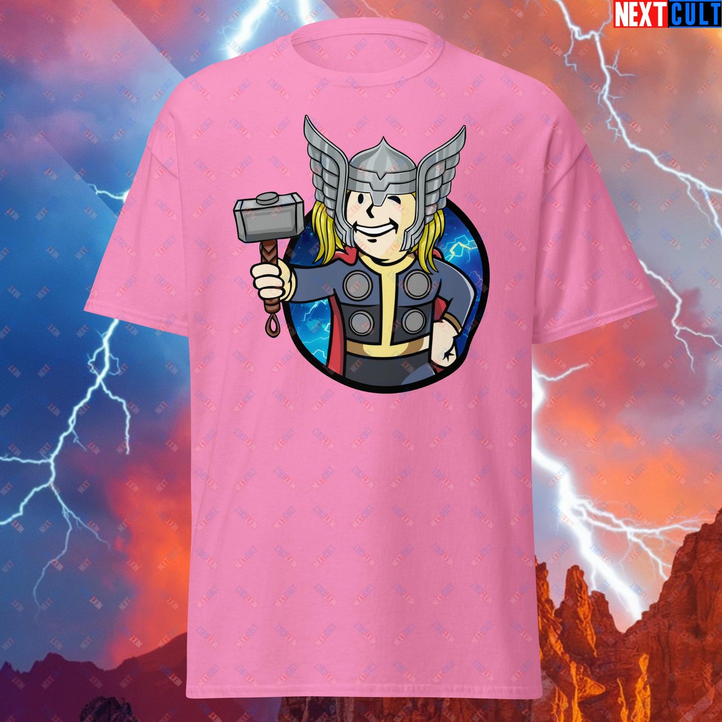 Norse Boy Thor Vault Boy Fallout Funny Meme Cartoon Mashup Unisex tee Azalea T-shirts Avengers Chris Hemsworth Fallout Movies Superheroes Thor Vault Boy Next Cult Brand