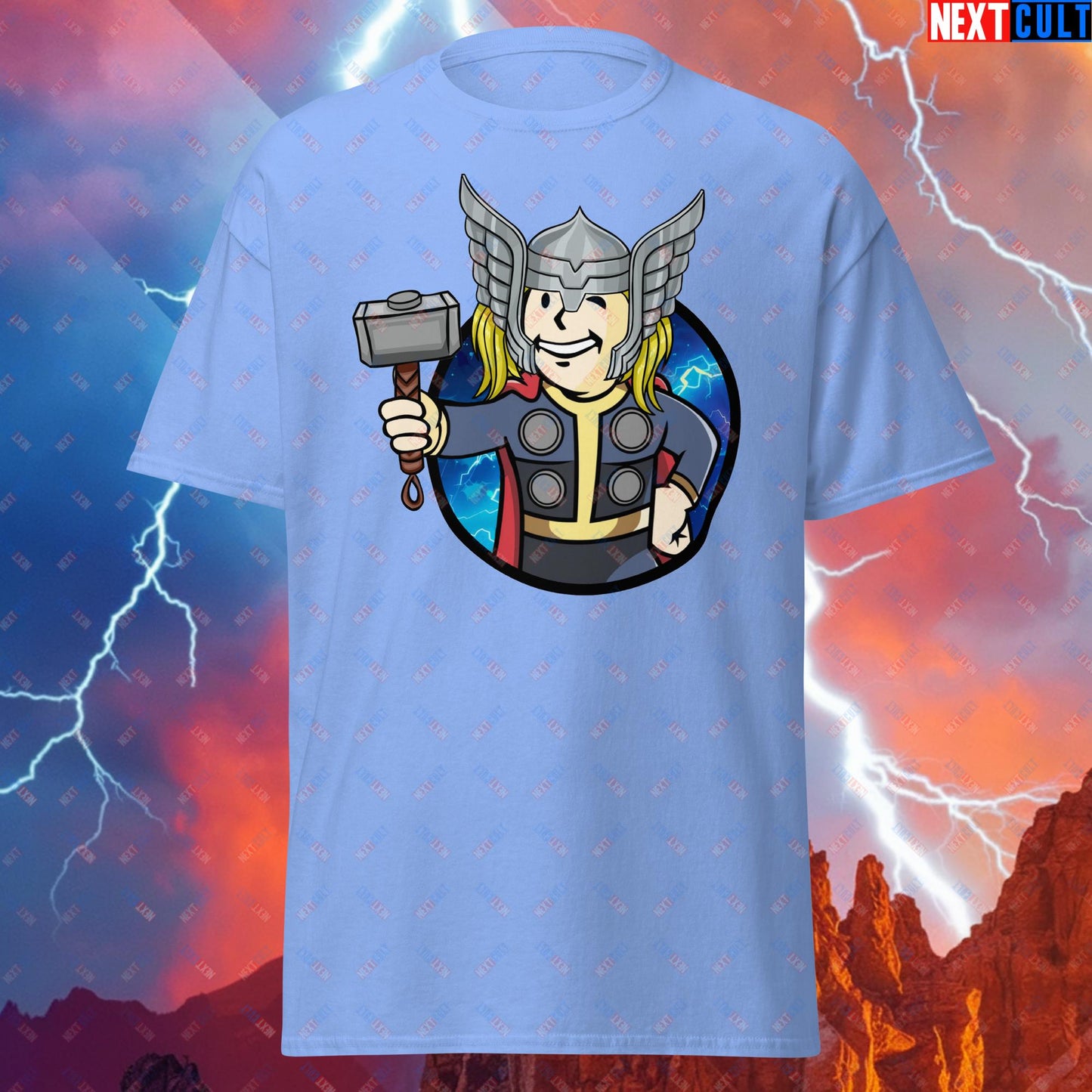 Norse Boy Thor Vault Boy Fallout Funny Meme Cartoon Mashup Unisex tee Carolina Blue T-shirts Avengers Chris Hemsworth Fallout Movies Superheroes Thor Vault Boy Next Cult Brand