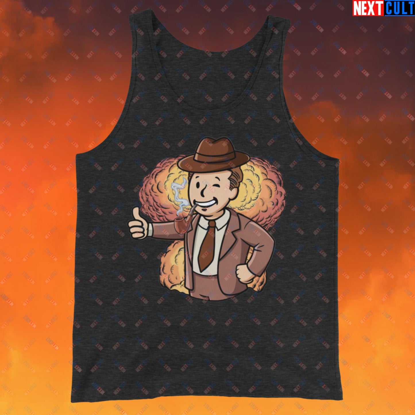 Nuclear Boy Oppenheimer Vault Boy Fallout Funny Meme Cartoon Mashup Tank Top Charcoal-Black Triblend Tank Tops Fallout Movies Oppenheimer Vault Boy Next Cult Brand