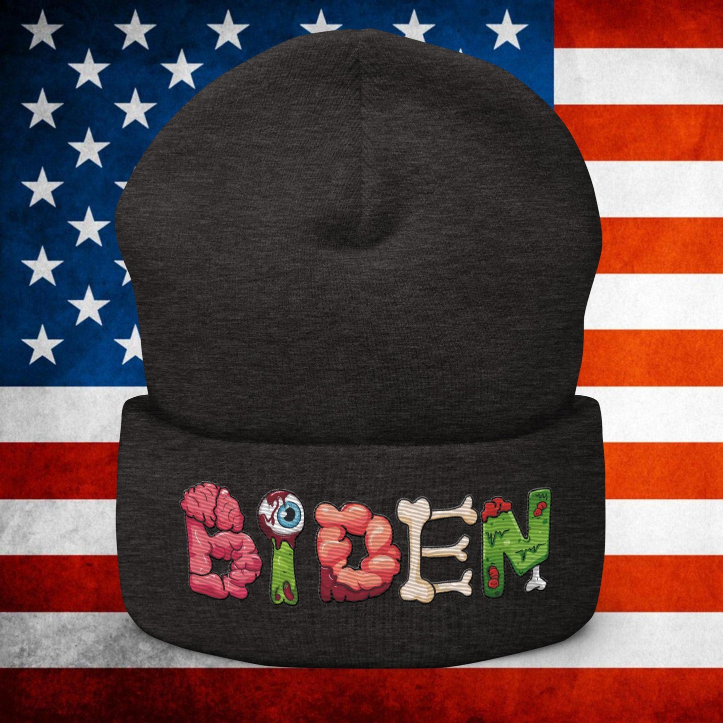 Old Joe Biden Zombie Walking Dead Funny Politics Beanie Dark Grey Hats Joe Biden Politics TV Shows Walking Dead Zombie Next Cult Brand