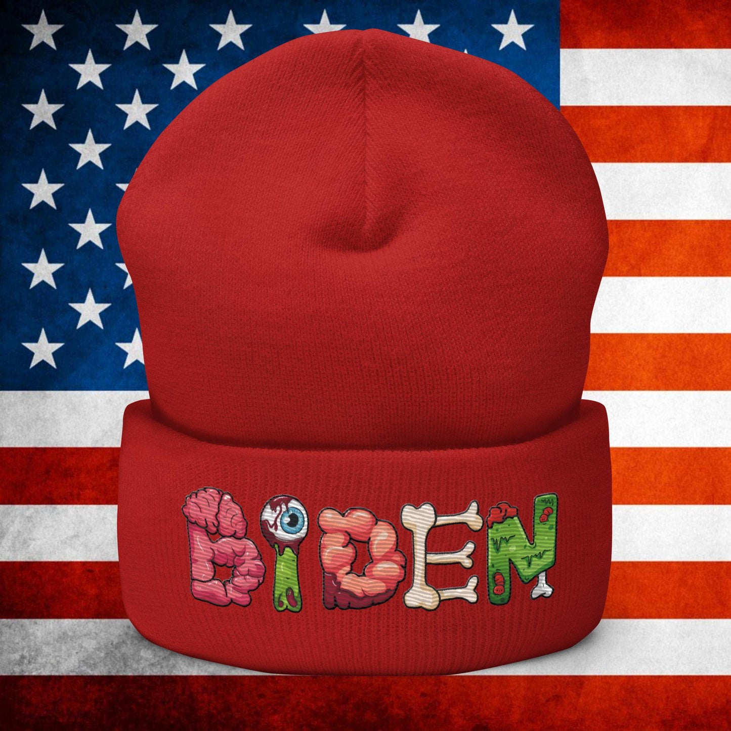 Old Joe Biden Zombie Walking Dead Funny Politics Beanie Red Hats Joe Biden Politics TV Shows Walking Dead Zombie Next Cult Brand