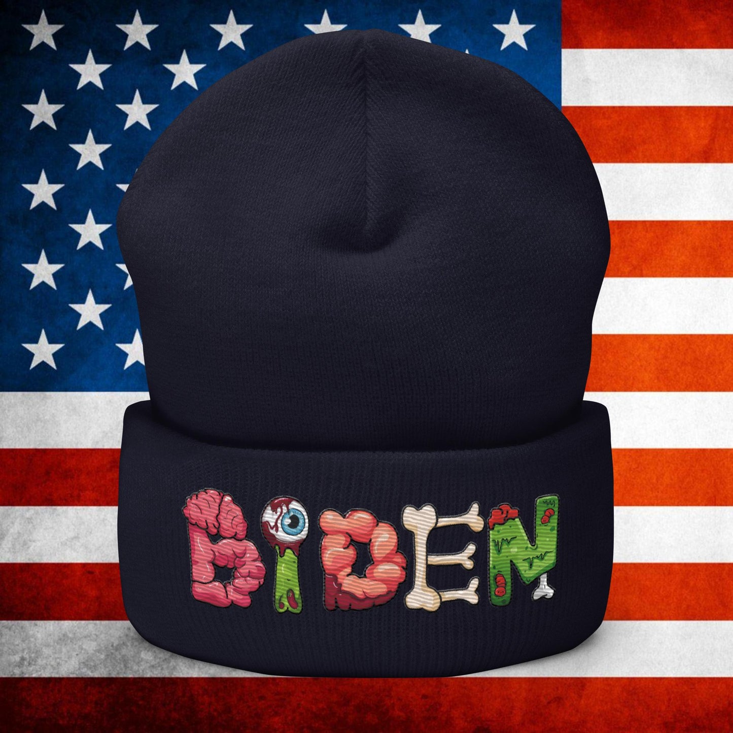 Old Joe Biden Zombie Walking Dead Funny Politics Beanie Navy Hats Joe Biden Politics TV Shows Walking Dead Zombie Next Cult Brand