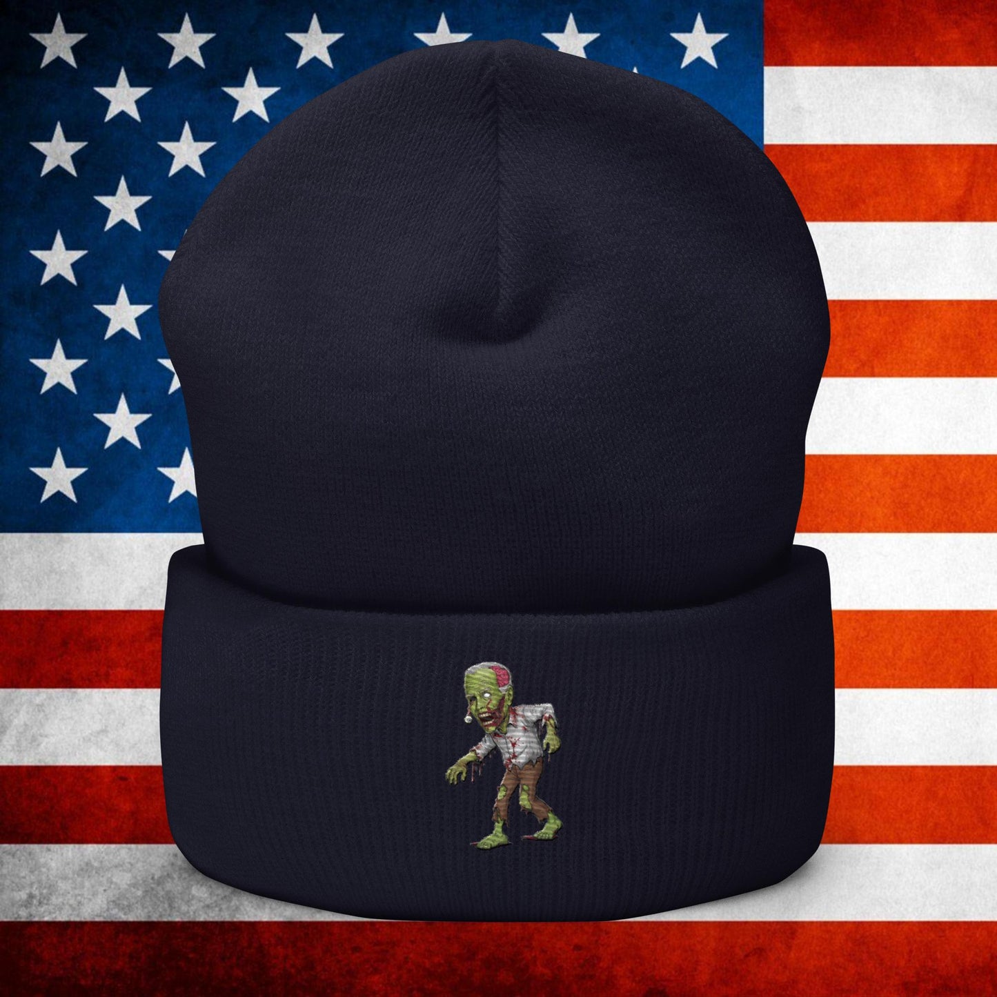 Old Joe Biden Zombie Walking Dead Funny Politics Cuffed Beanie Navy Hats Joe Biden Politics TV Shows Walking Dead Zombie Next Cult Brand