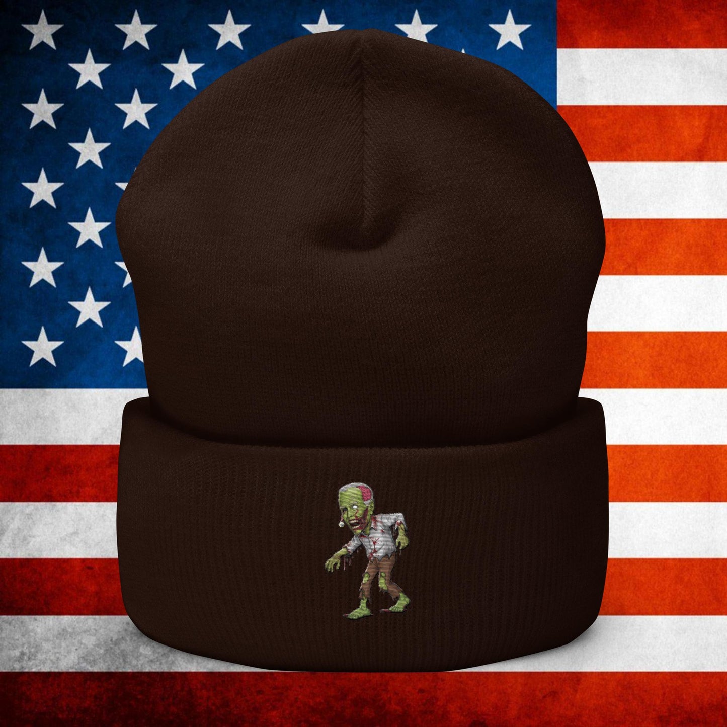 Old Joe Biden Zombie Walking Dead Funny Politics Cuffed Beanie Brown Hats Joe Biden Politics TV Shows Walking Dead Zombie Next Cult Brand