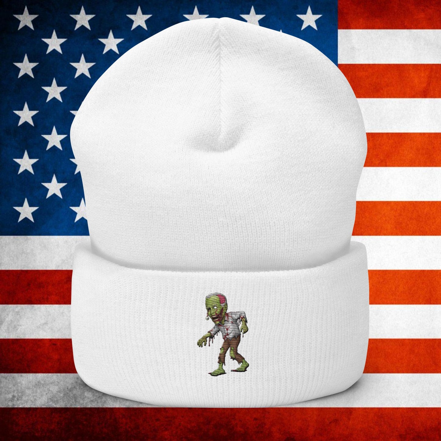 Old Joe Biden Zombie Walking Dead Funny Politics Cuffed Beanie White Hats Joe Biden Politics TV Shows Walking Dead Zombie Next Cult Brand