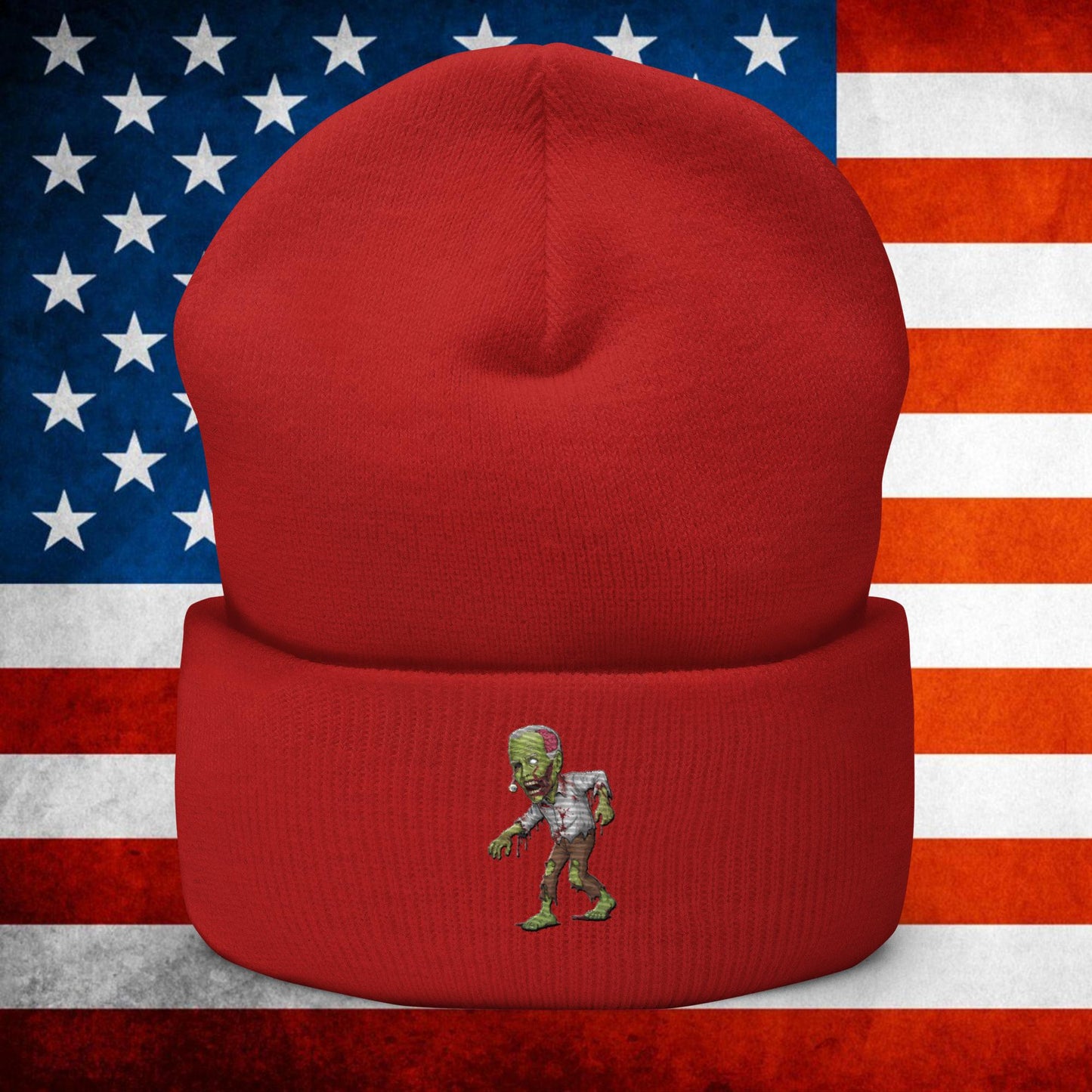 Old Joe Biden Zombie Walking Dead Funny Politics Cuffed Beanie Red Hats Joe Biden Politics TV Shows Walking Dead Zombie Next Cult Brand