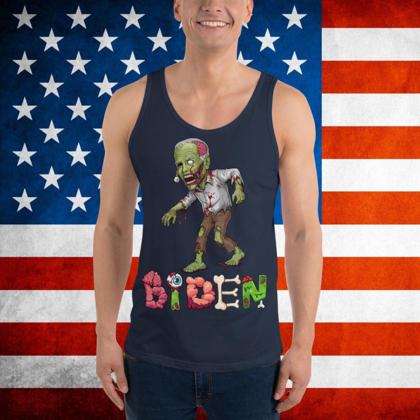 Old Joe Biden Zombie Walking Dead Funny Politics Tank Top Navy Tank Tops Joe Biden Politics TV Shows Walking Dead Zombie Next Cult Brand
