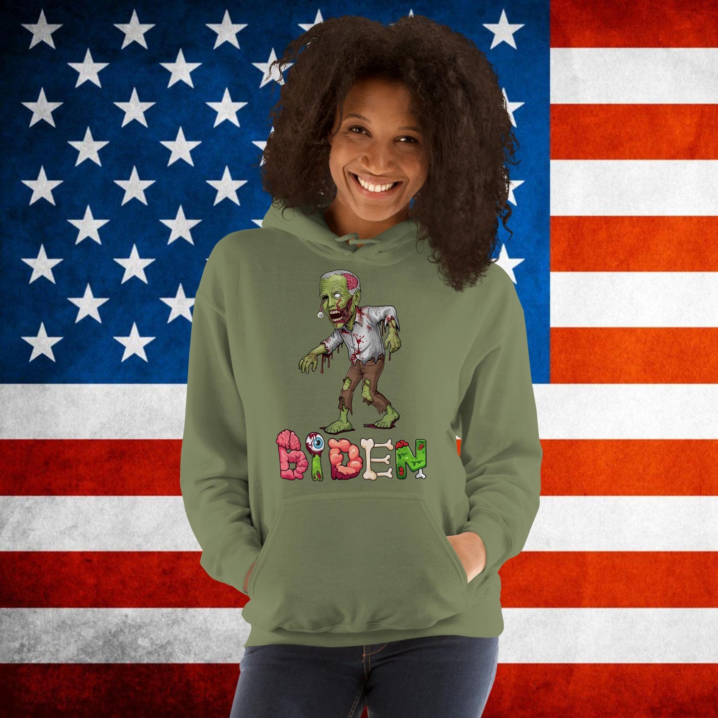 Old Joe Biden Zombie Walking Dead Funny Politics Unisex Hoodie Military Green Hoodies Joe Biden Politics TV Shows Walking Dead Zombie Next Cult Brand