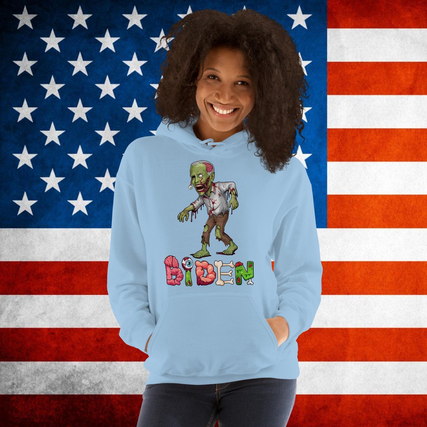 Old Joe Biden Zombie Walking Dead Funny Politics Unisex Hoodie Light Blue Hoodies Joe Biden Politics TV Shows Walking Dead Zombie Next Cult Brand