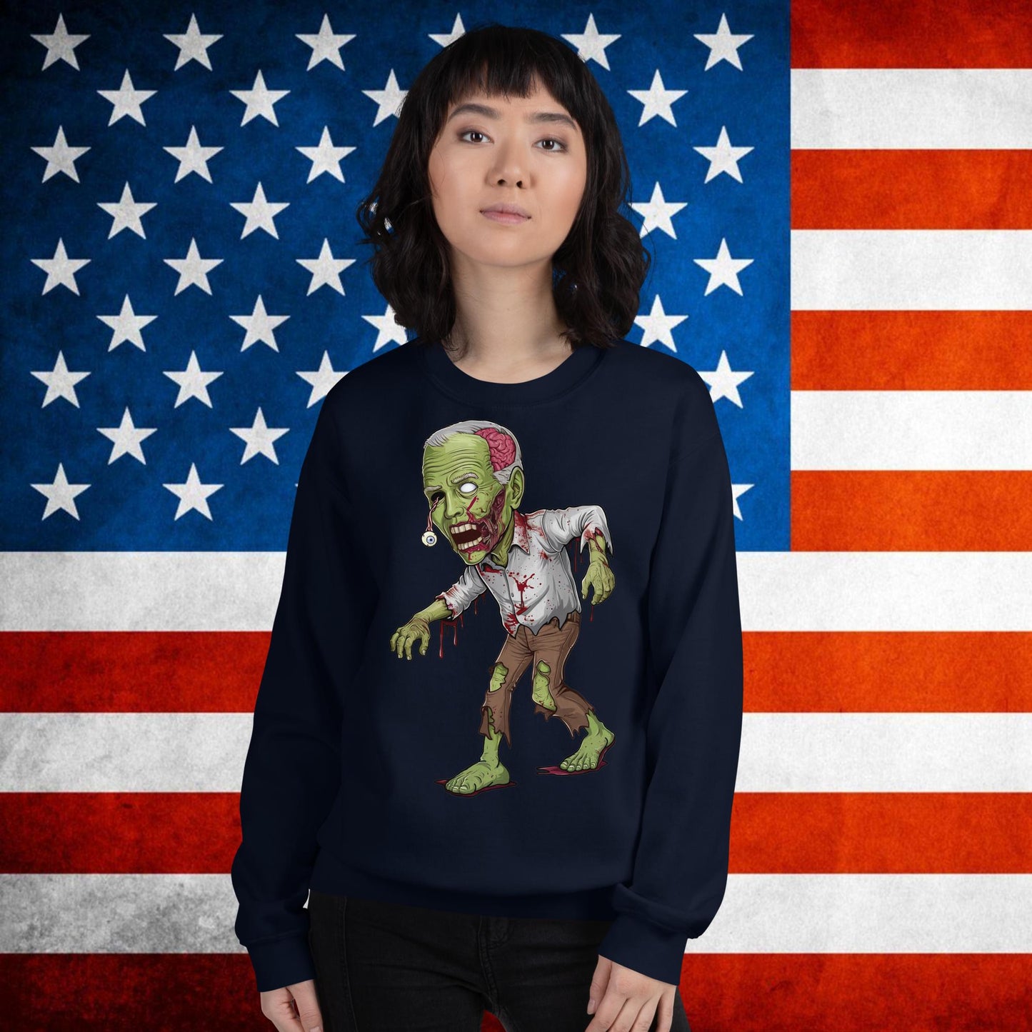 Old Joe Biden Zombie Walking Dead Funny Politics Unisex Sweatshirt Navy Sweatshirts Joe Biden Politics TV Shows Walking Dead Zombie Next Cult Brand