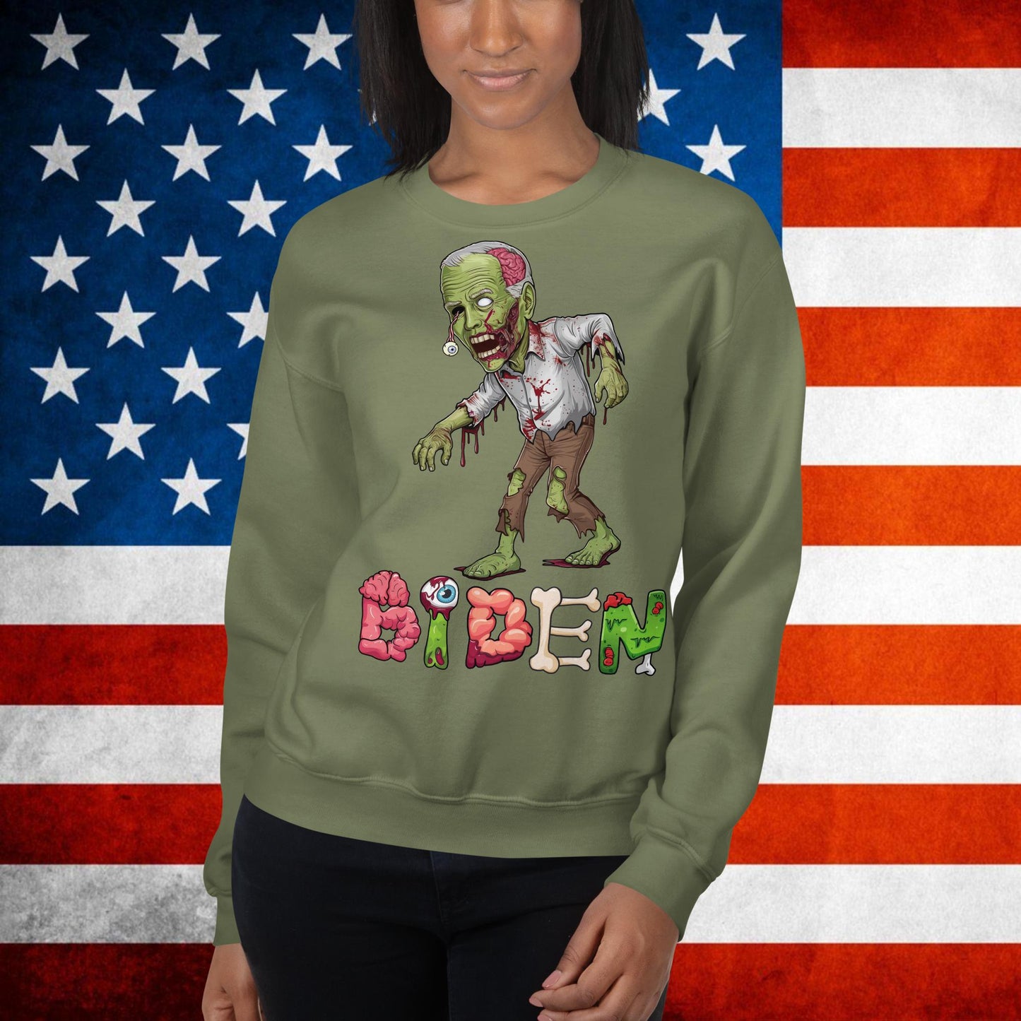 Old Joe Biden Zombie Walking Dead Funny Politics Unisex Sweatshirt Military Green Sweatshirts Joe Biden Politics TV Shows Walking Dead Zombie Next Cult Brand