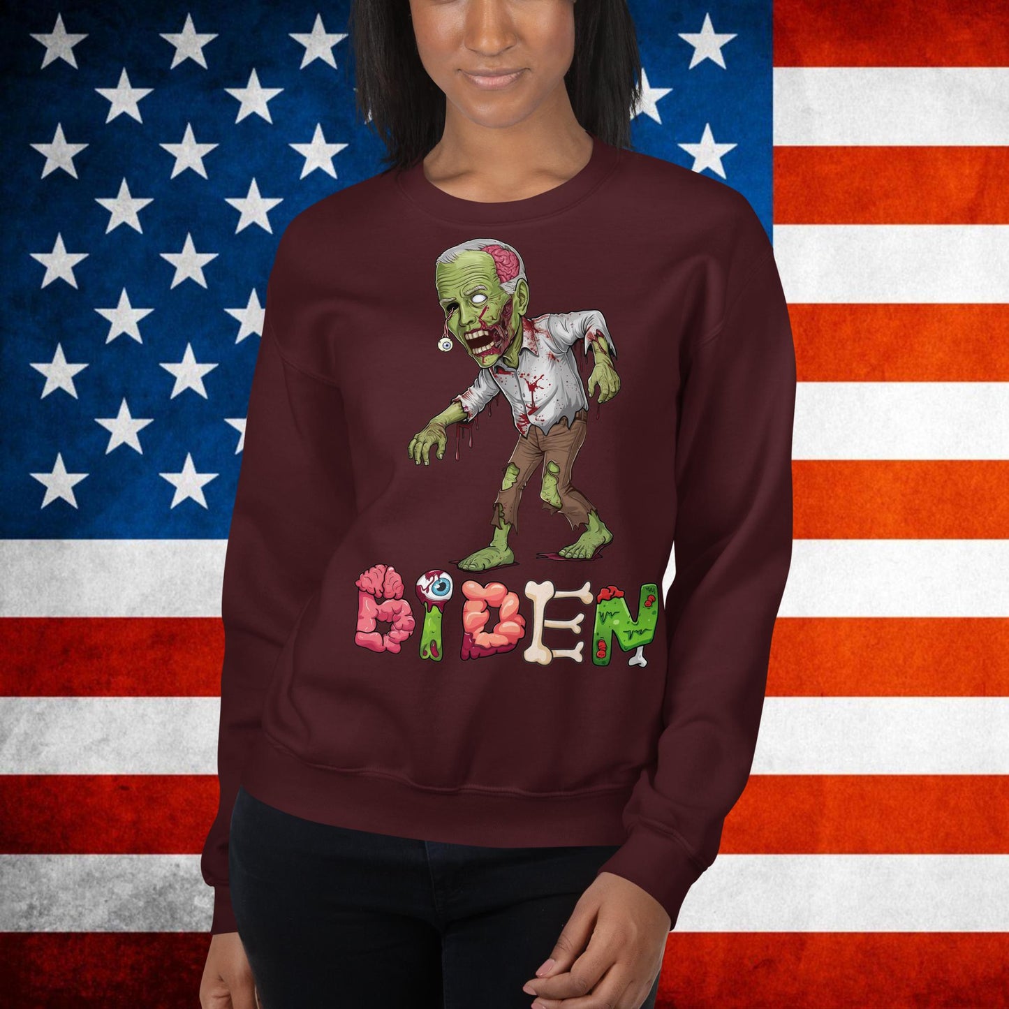 Old Joe Biden Zombie Walking Dead Funny Politics Unisex Sweatshirt Maroon Sweatshirts Joe Biden Politics TV Shows Walking Dead Zombie Next Cult Brand