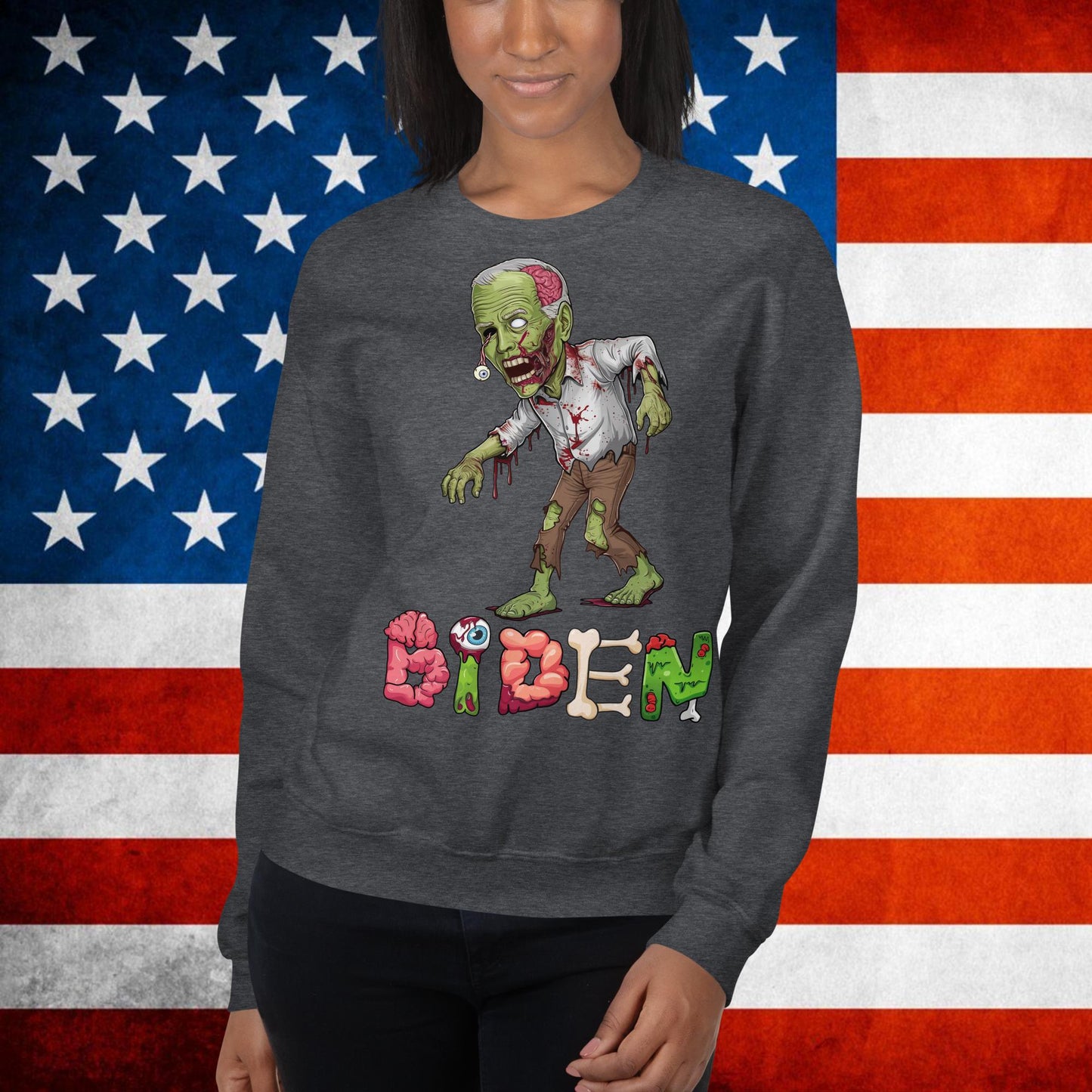 Old Joe Biden Zombie Walking Dead Funny Politics Unisex Sweatshirt Dark Heather Sweatshirts Joe Biden Politics TV Shows Walking Dead Zombie Next Cult Brand
