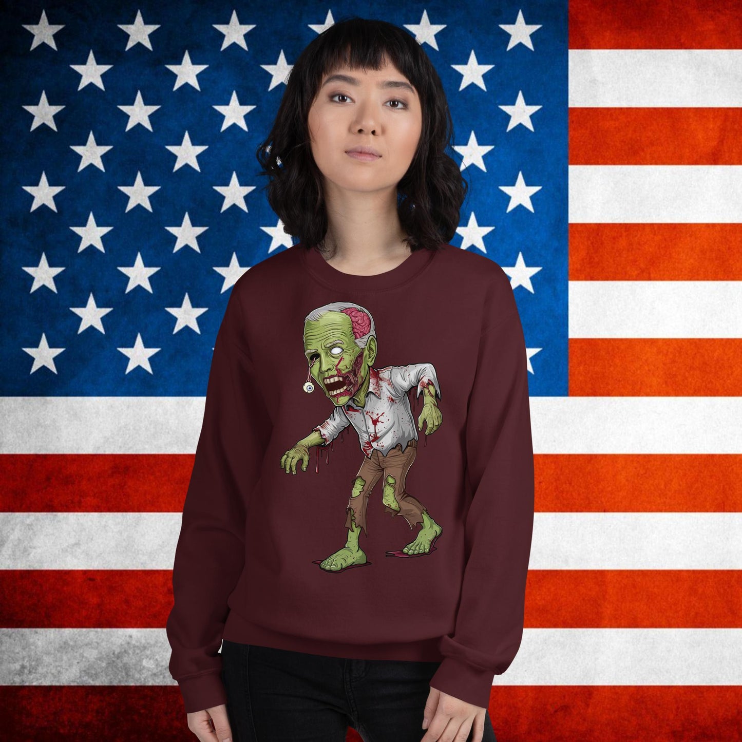 Old Joe Biden Zombie Walking Dead Funny Politics Unisex Sweatshirt Maroon Sweatshirts Joe Biden Politics TV Shows Walking Dead Zombie Next Cult Brand