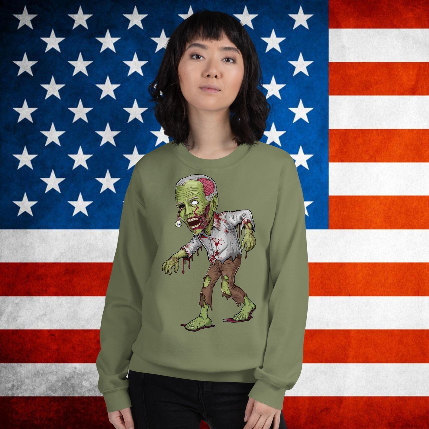 Old Joe Biden Zombie Walking Dead Funny Politics Unisex Sweatshirt Military Green Sweatshirts Joe Biden Politics TV Shows Walking Dead Zombie Next Cult Brand