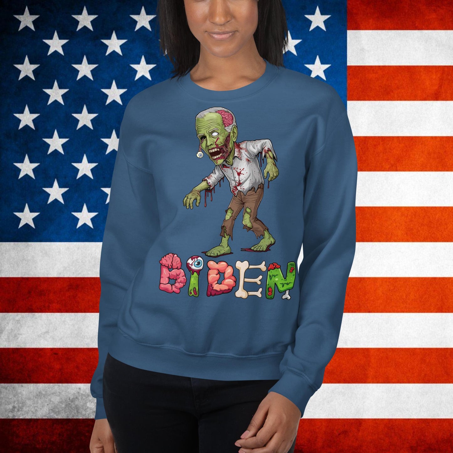 Old Joe Biden Zombie Walking Dead Funny Politics Unisex Sweatshirt Indigo Blue Sweatshirts Joe Biden Politics TV Shows Walking Dead Zombie Next Cult Brand
