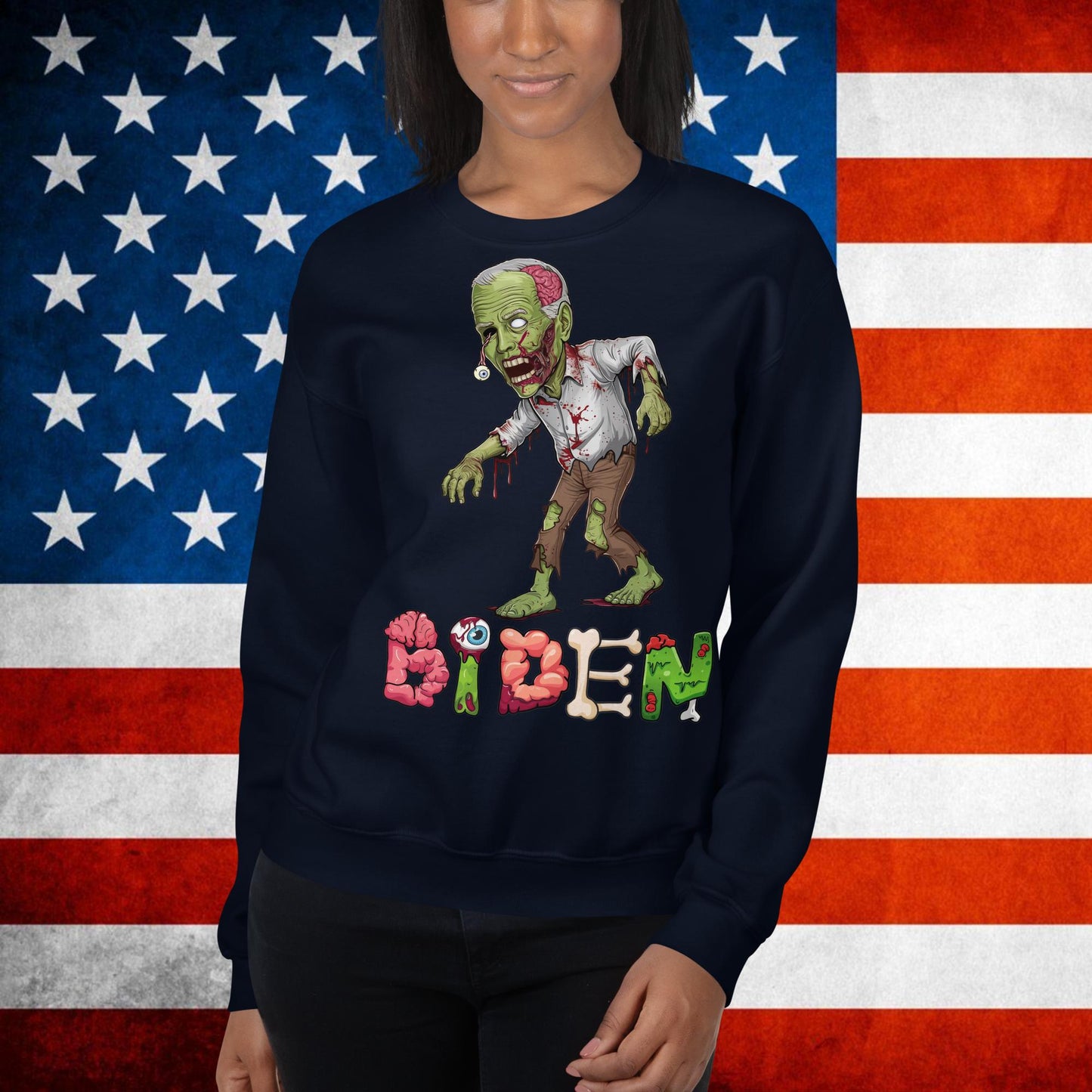 Old Joe Biden Zombie Walking Dead Funny Politics Unisex Sweatshirt Navy Sweatshirts Joe Biden Politics TV Shows Walking Dead Zombie Next Cult Brand