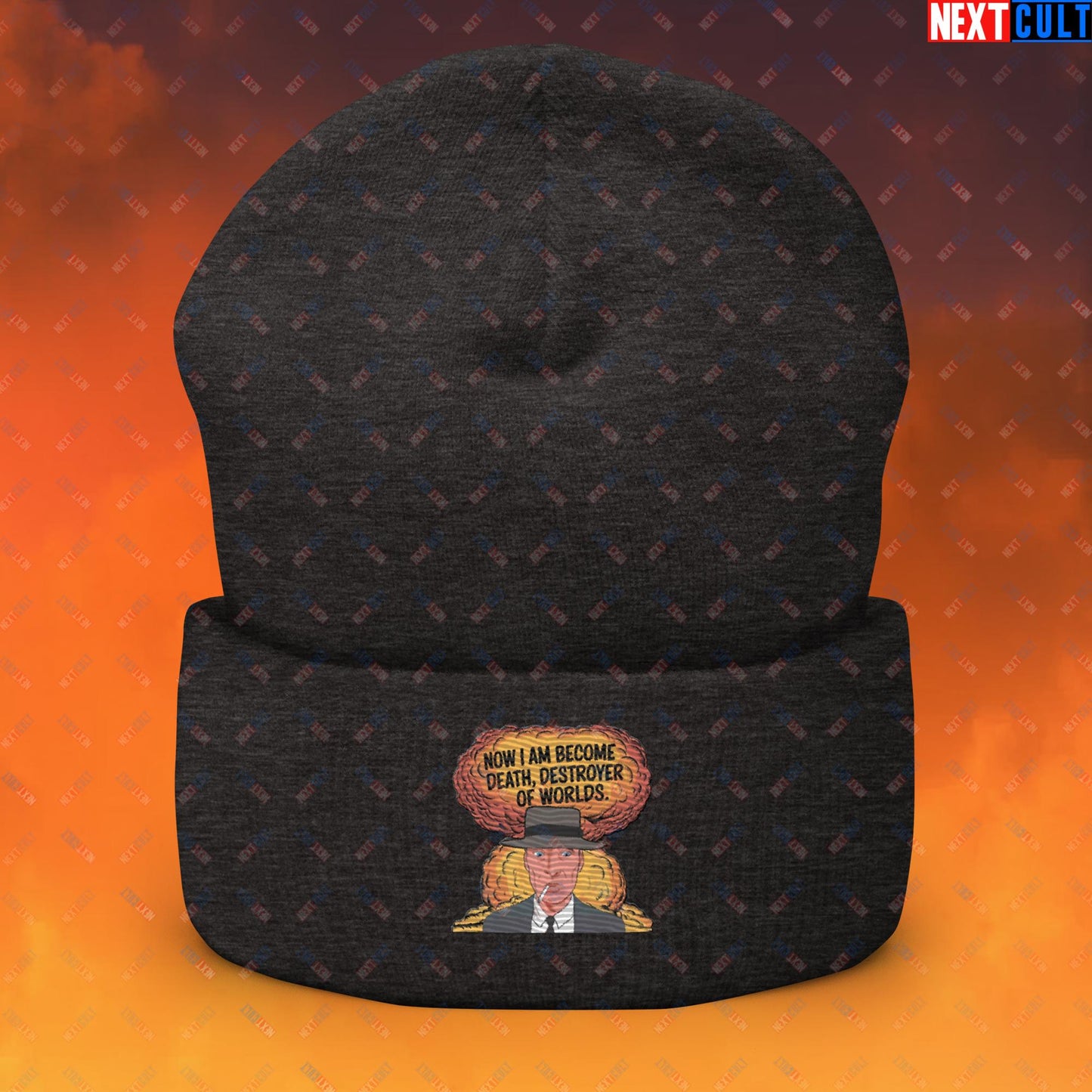 Oppenheimer I am Death, Destroyer of Worlds Atomic Bomb Explosion Cuffed Beanie Dark Grey Hats Cillian Murphy Movies Oppenheimer Next Cult Brand