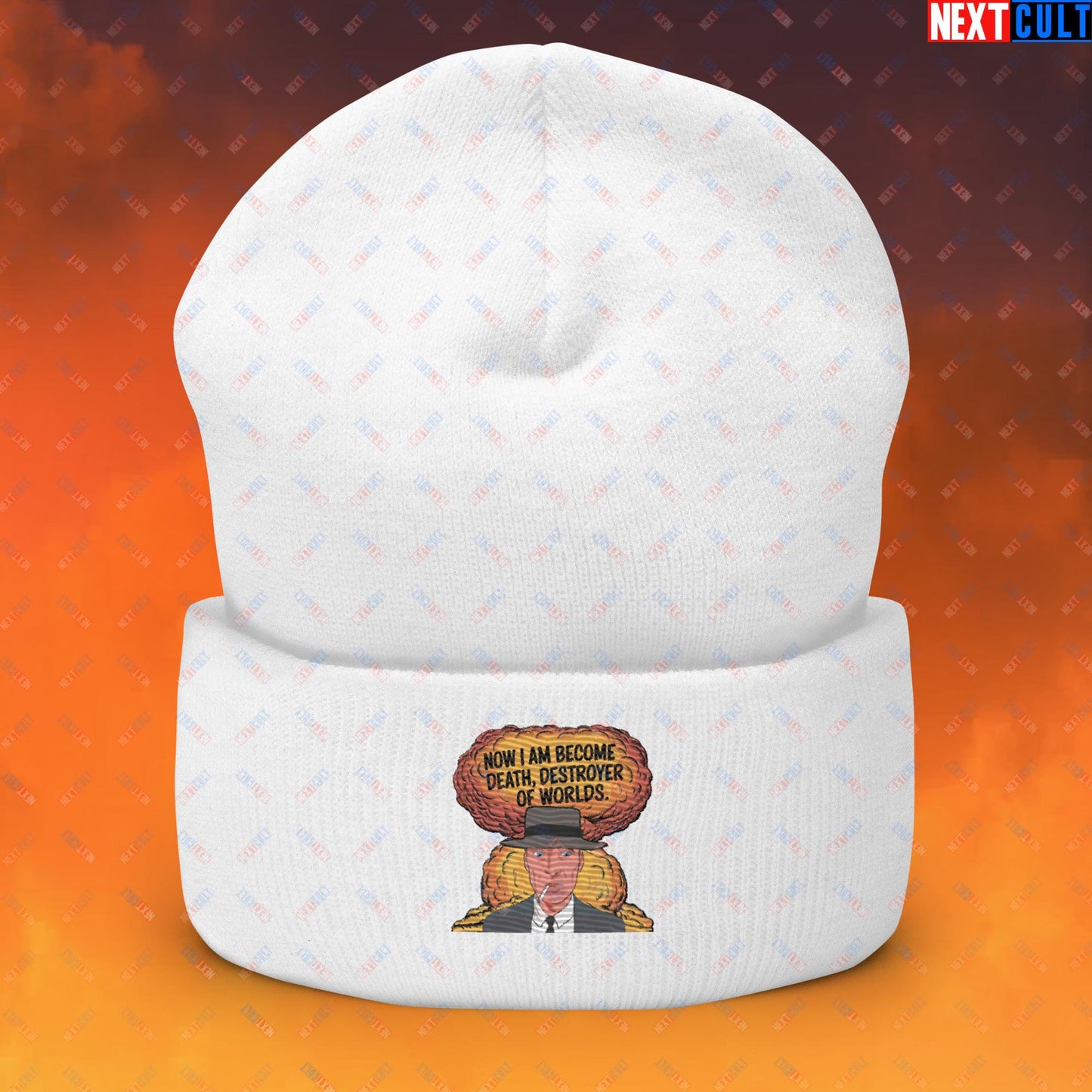 Oppenheimer I am Death, Destroyer of Worlds Atomic Bomb Explosion Cuffed Beanie White Hats Cillian Murphy Movies Oppenheimer Next Cult Brand