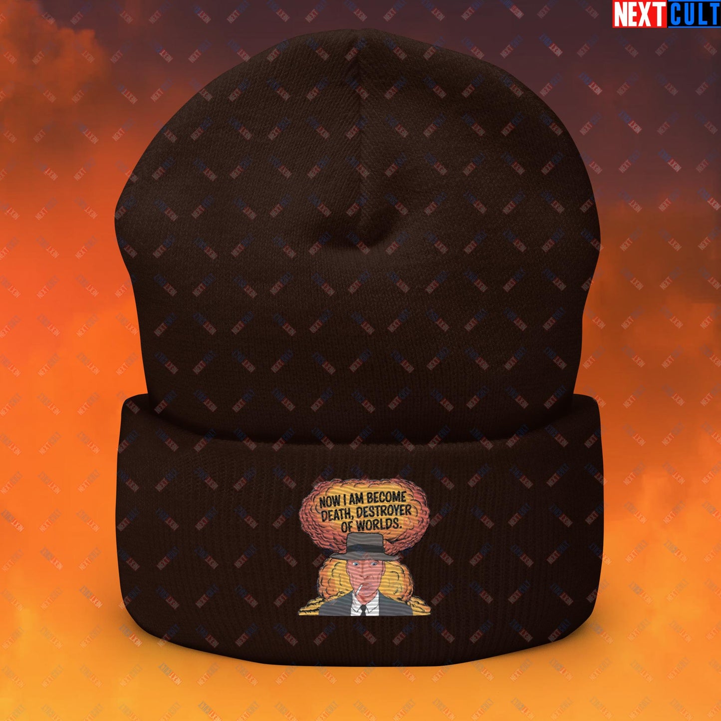 Oppenheimer I am Death, Destroyer of Worlds Atomic Bomb Explosion Cuffed Beanie Brown Hats Cillian Murphy Movies Oppenheimer Next Cult Brand