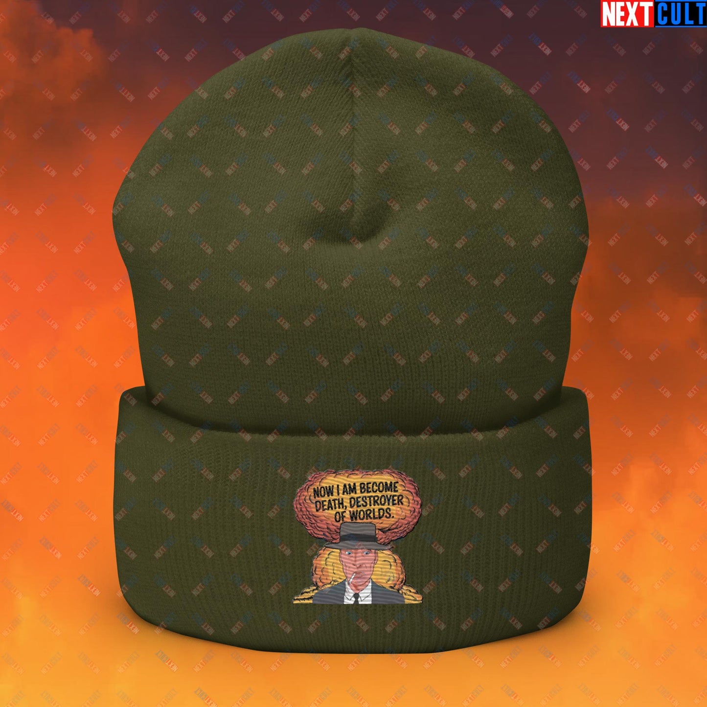 Oppenheimer I am Death, Destroyer of Worlds Atomic Bomb Explosion Cuffed Beanie Olive Hats Cillian Murphy Movies Oppenheimer Next Cult Brand