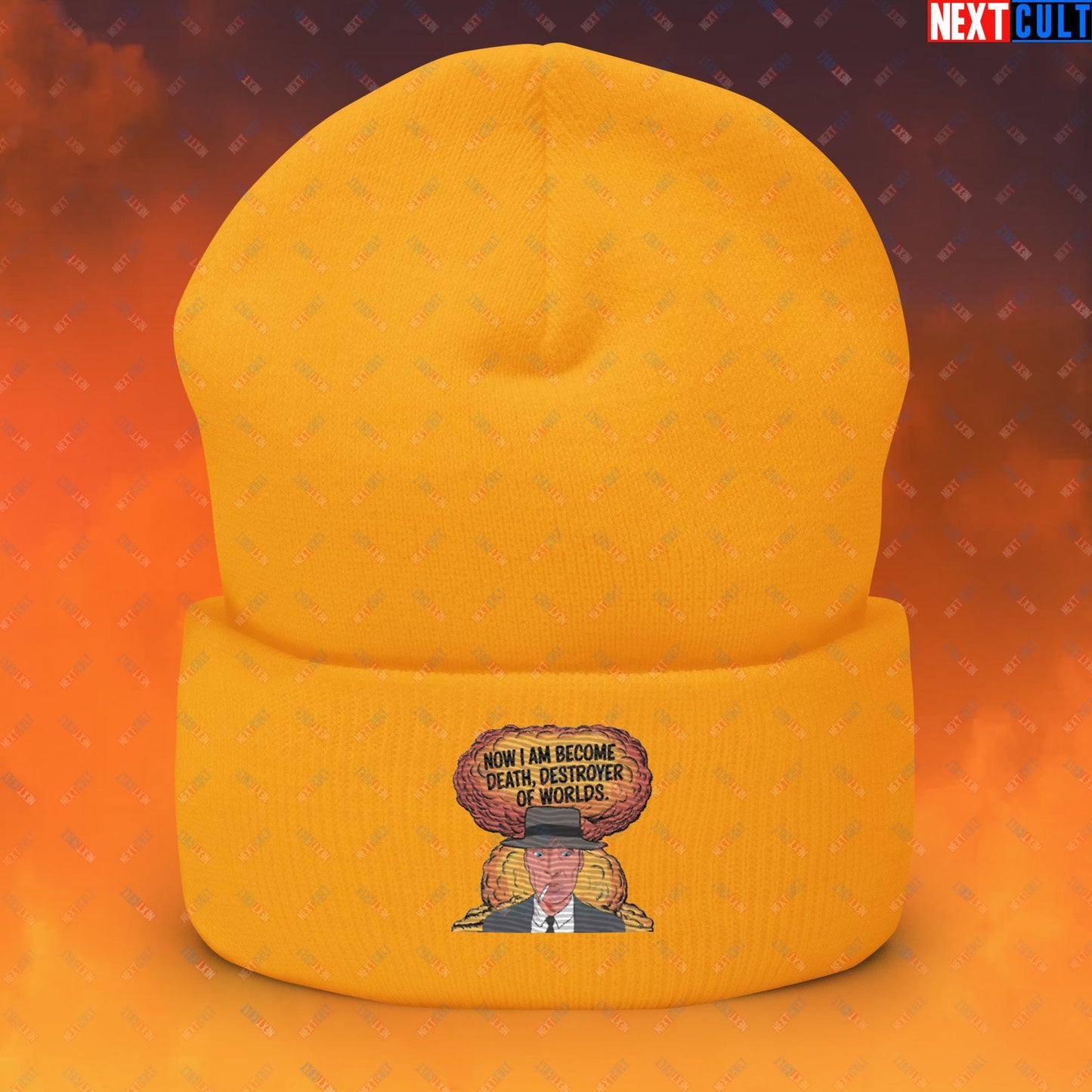 Oppenheimer I am Death, Destroyer of Worlds Atomic Bomb Explosion Cuffed Beanie Gold Hats Cillian Murphy Movies Oppenheimer Next Cult Brand