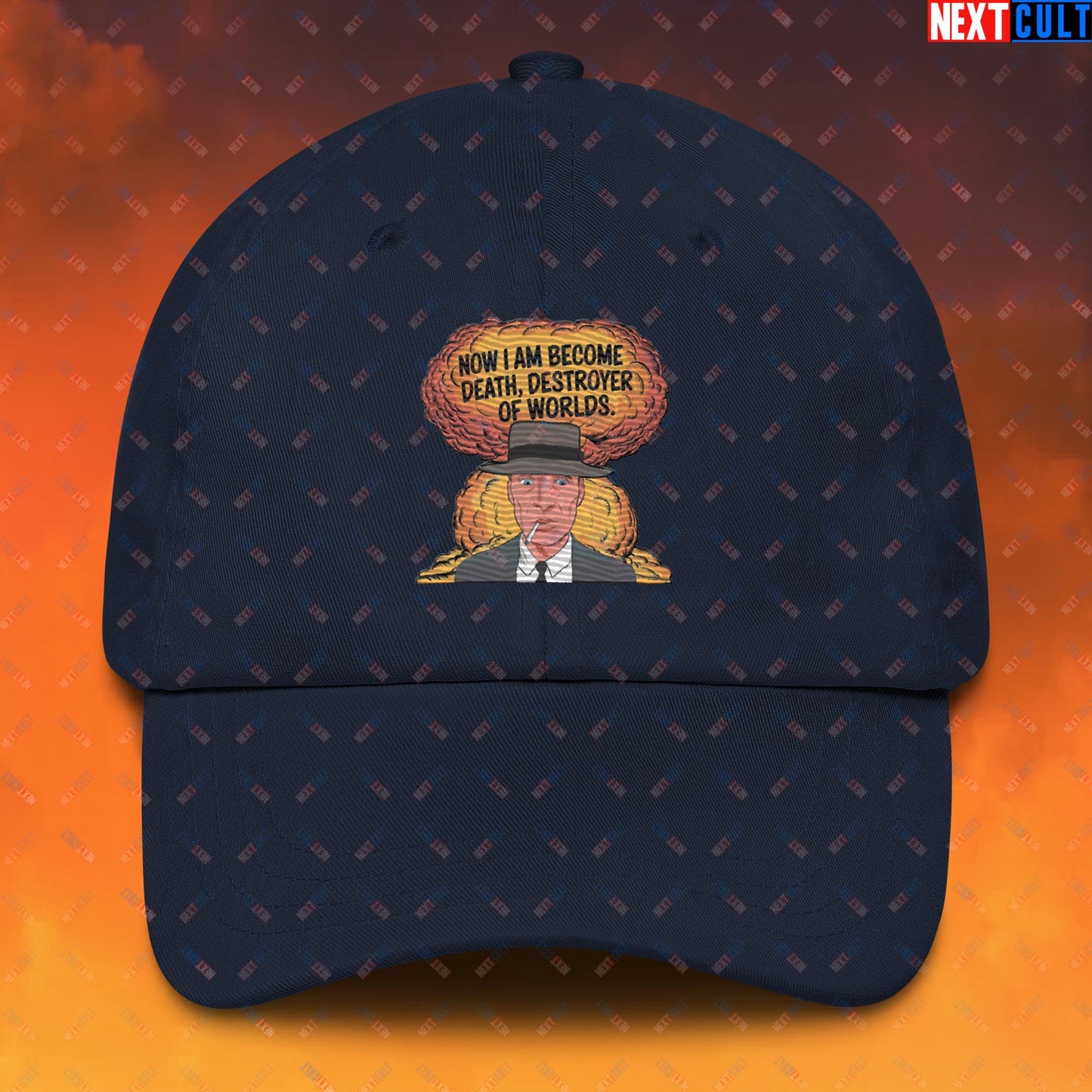 Oppenheimer I am Death, Destroyer of Worlds Atomic Bomb Explosion Dad hat Navy Hats Cillian Murphy Movies Oppenheimer Next Cult Brand