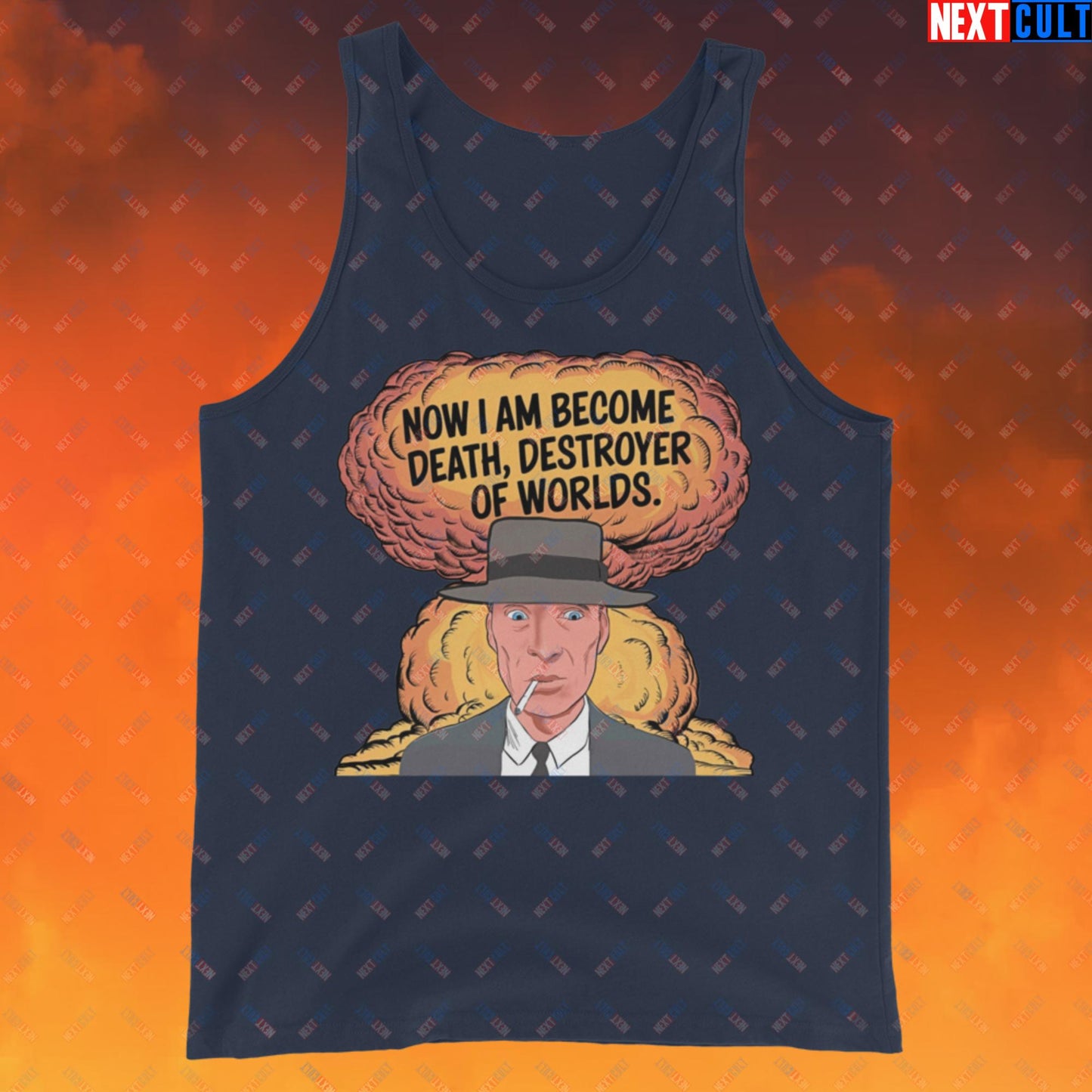 Oppenheimer I am Death, Destroyer of Worlds Atomic Bomb Explosion Tank Top Navy Tank Tops Cillian Murphy Movies Oppenheimer Next Cult Brand