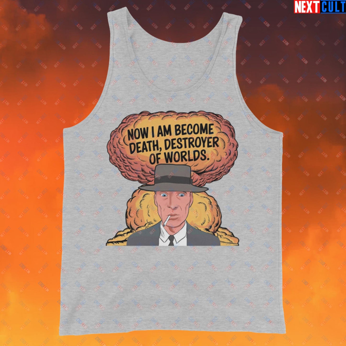 Oppenheimer I am Death, Destroyer of Worlds Atomic Bomb Explosion Tank Top Athletic Heather Tank Tops Cillian Murphy Movies Oppenheimer Next Cult Brand