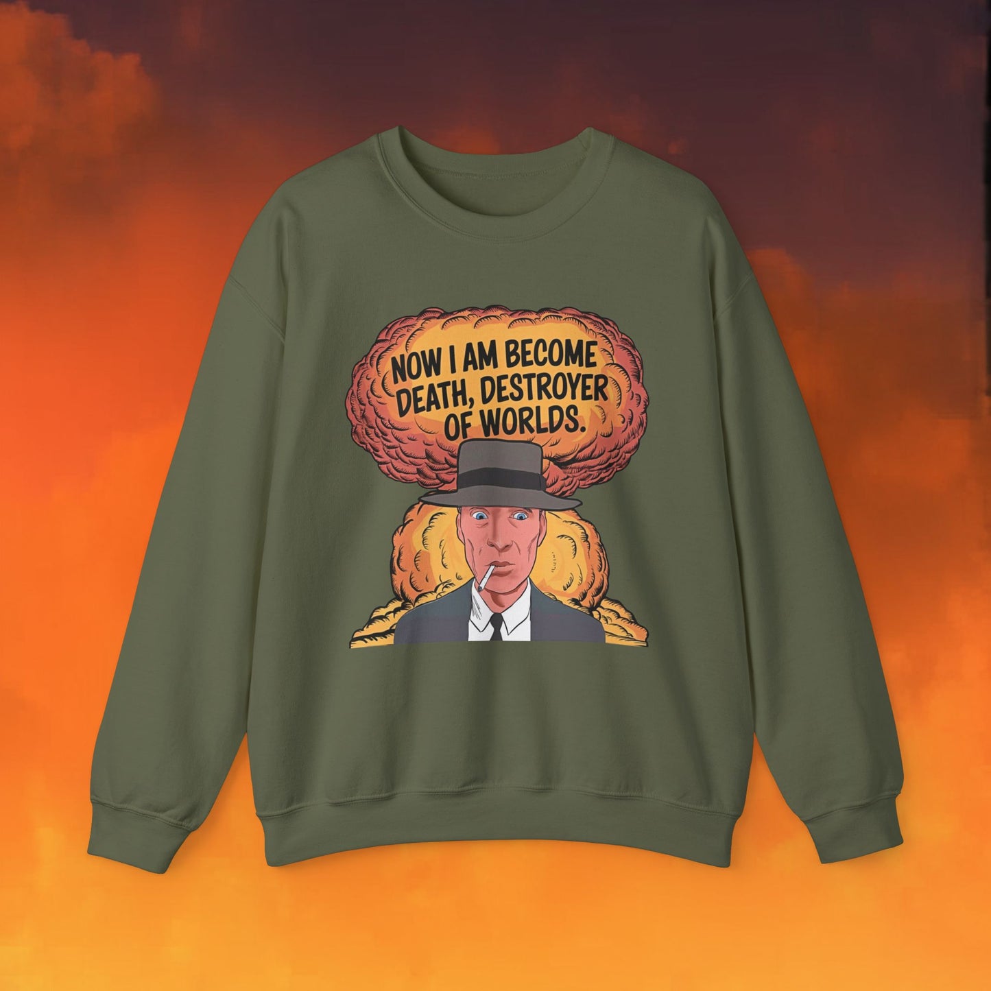 Oppenheimer I am Death, Destroyer of Worlds Atomic Bomb Explosion Unisex Heavy Blend Crewneck Sweatshirt Military Green Sweatshirts Cillian Murphy Movies Oppenheimer Printify
